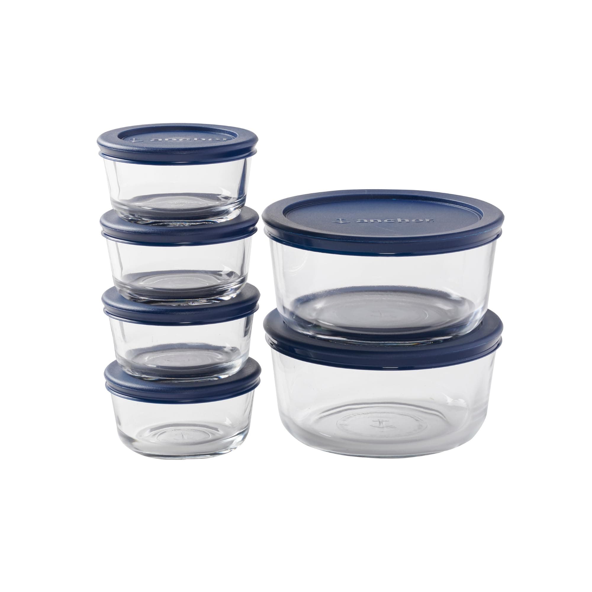 Anchor Hocking 12 Piece Glass Storage Containers with Lids (6 Glass Food Storage Containers & 6 Navy Blue SnugFit Lids)