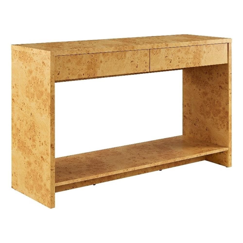Modway Hudson 47 Inch Burl Wood Console Table with Drawers in Natural - Modern Narrow Entryway Table with Shelf - Accent Sofa Table with Storage for Living Room or Hallway