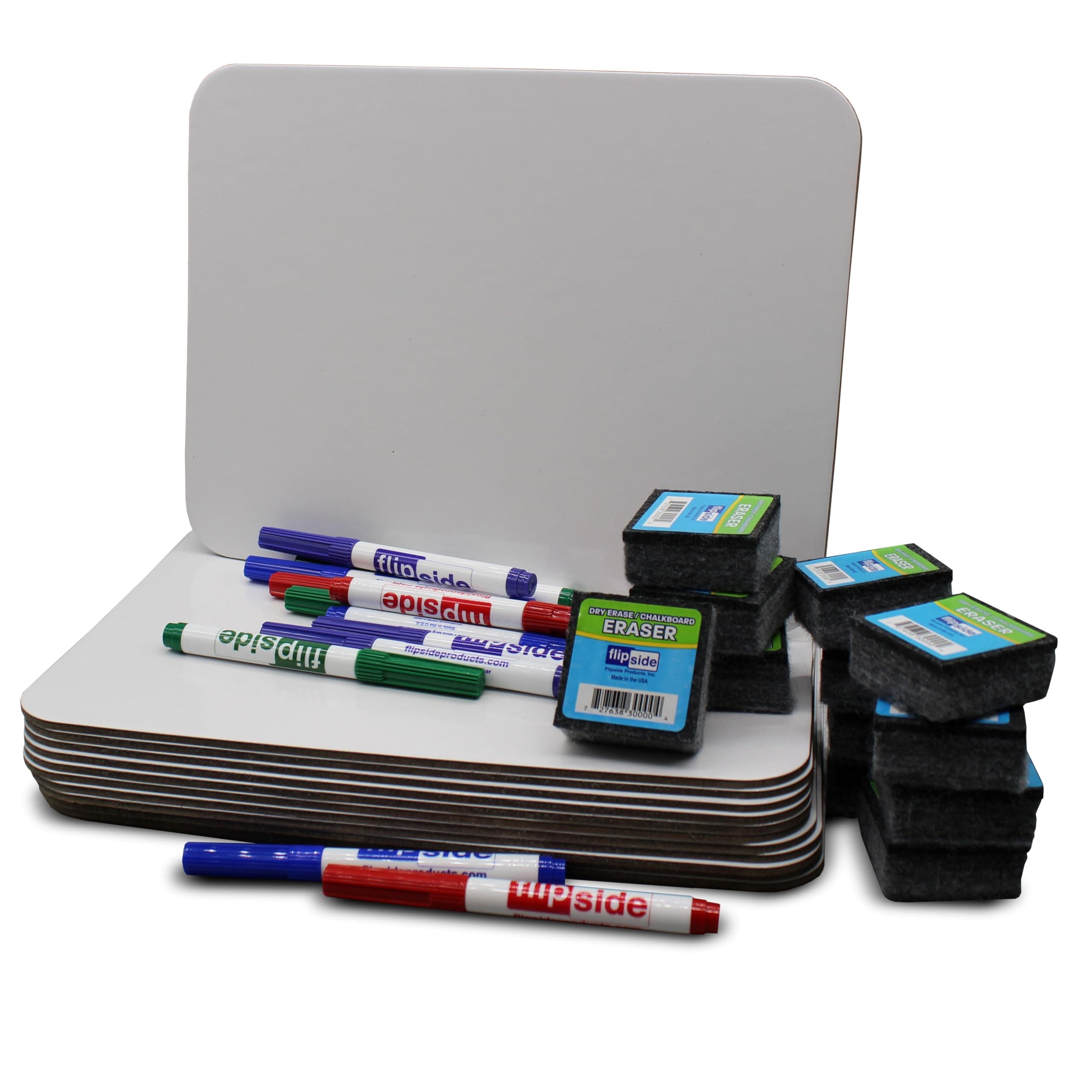 Flipside Products 9" x 12" Magnetic Plain Dry Erase White Boards, Classroom Pack, Single Sided Lapboard for Class, Reusable for Group Participation, 12 Pack of Boards + Erasers + Colored Markers