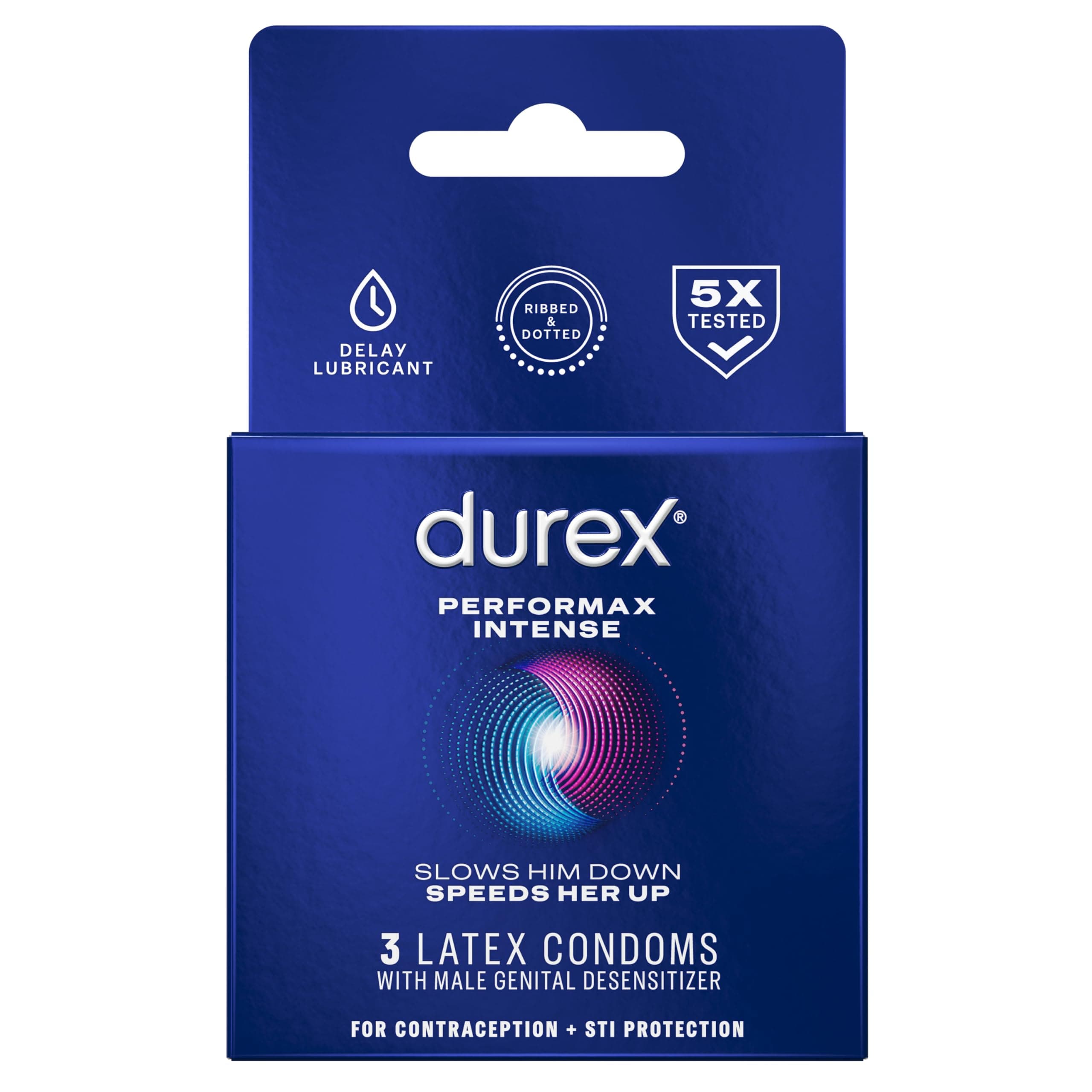 Durex Performax Intense Condoms, Ultra Fine, Ribbed, Dotted with Delay Lubricant Natural Rubber Latex Condoms for Men, 3 Count