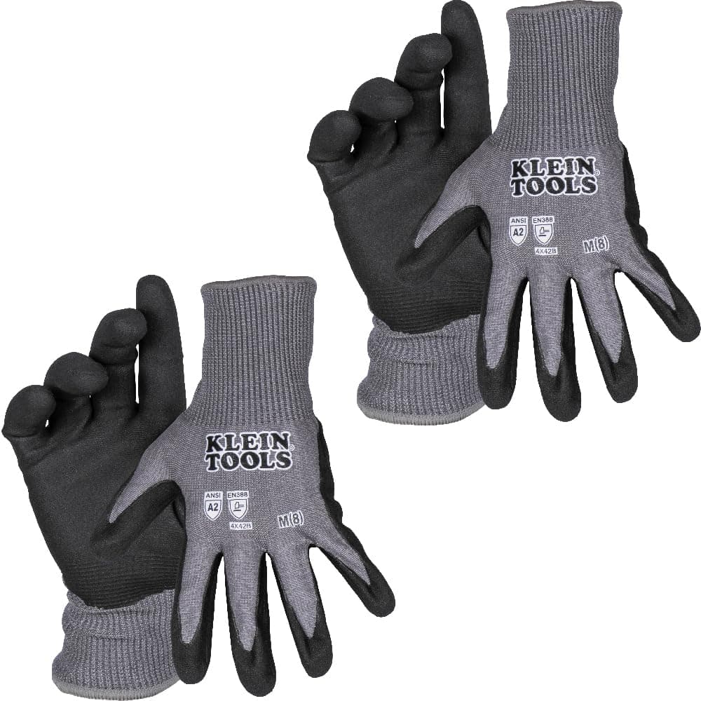 KLEIN TOOLS 60584 Work Gloves, Knit Dipped Cut Resistant ANSI A2 Nitrile Coated Gloves, HPPE Fabric, Touchscreen Capable, Medium, 2-Pair