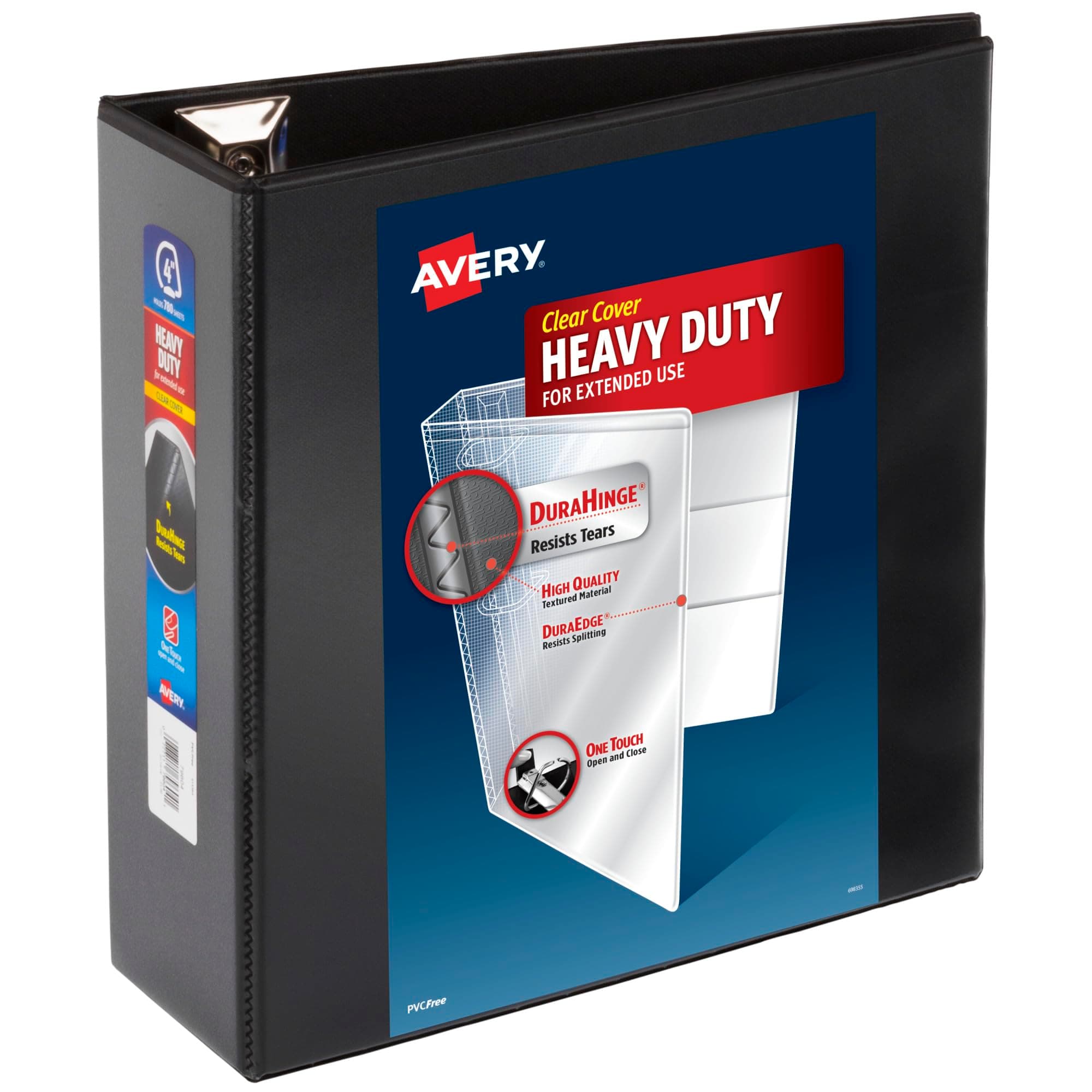Avery Heavy Duty View 3 Ring Binder, 4 Inch, One Touch Locking D Rings, Black, 4 Pockets, 780 Sheet Capacity, PVC Free (79604)