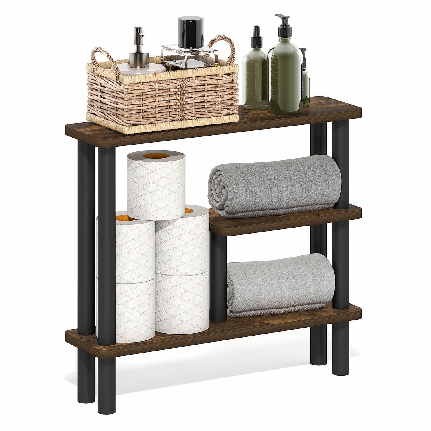 Furinno Turn-N-Tube Bathroom Storage Shelf, 3-Tier Toolless Narrow Storage Rack, 5.7" Wide Space Saving Shelf, for Bathroom, Living Room, Entryway, Amber Pine