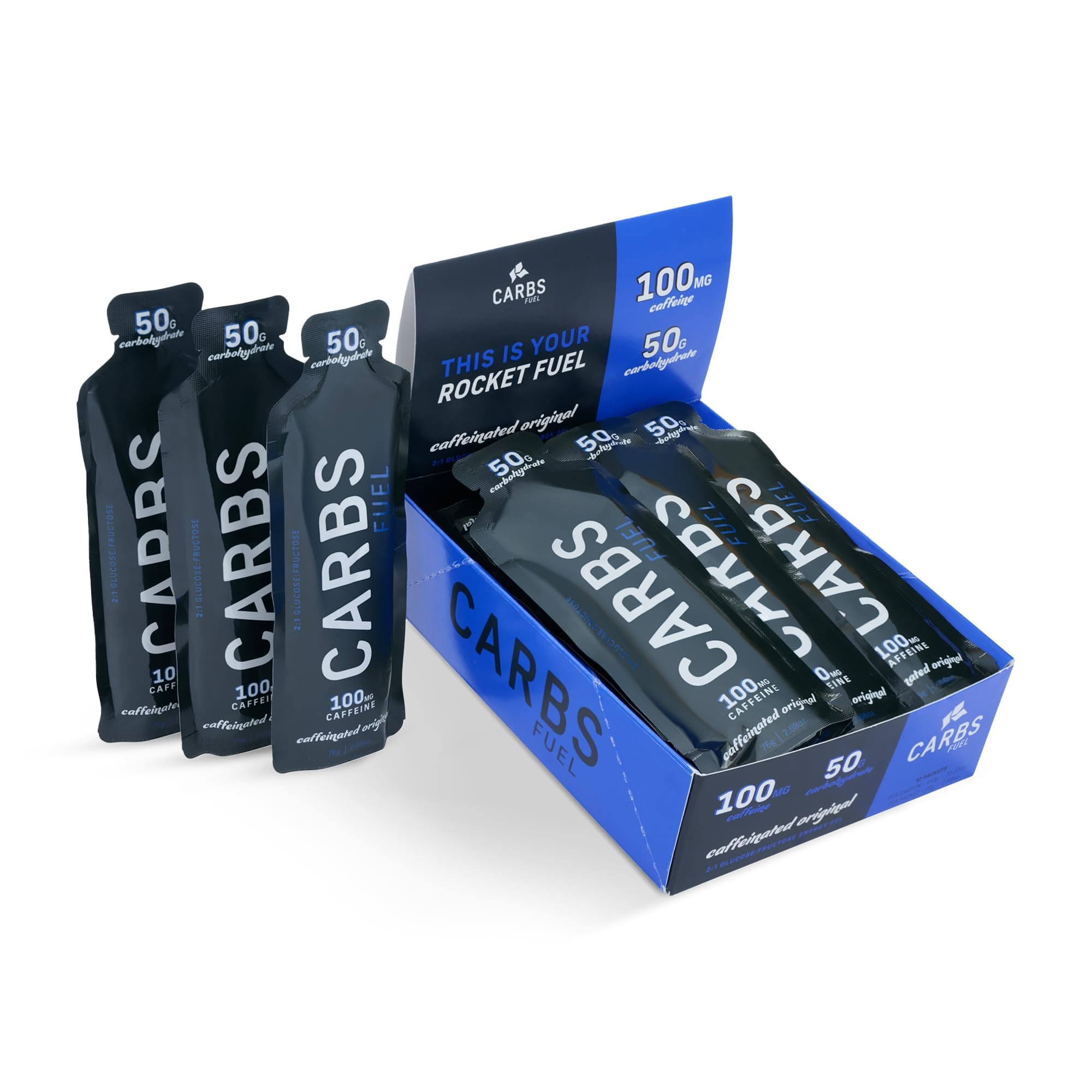 Carbs Fuel Caffeinated Original 50g Energy Gel 12-Pack | High-Carb Caffeine Gels | Vegan & Gluten-Free Running Gel | No Preservatives | Energy Gels with Caffeine for Endurance, Cycling & Running