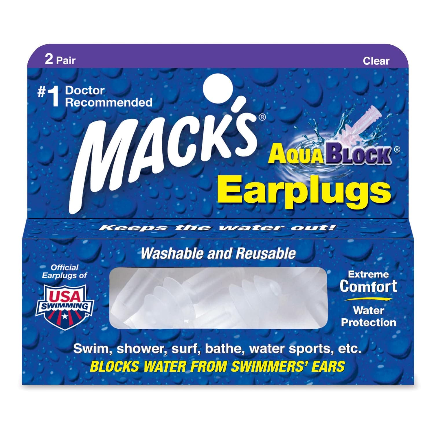 Macks Soft Flanged (2-Pair) Aqua Block Earplugs, Clear