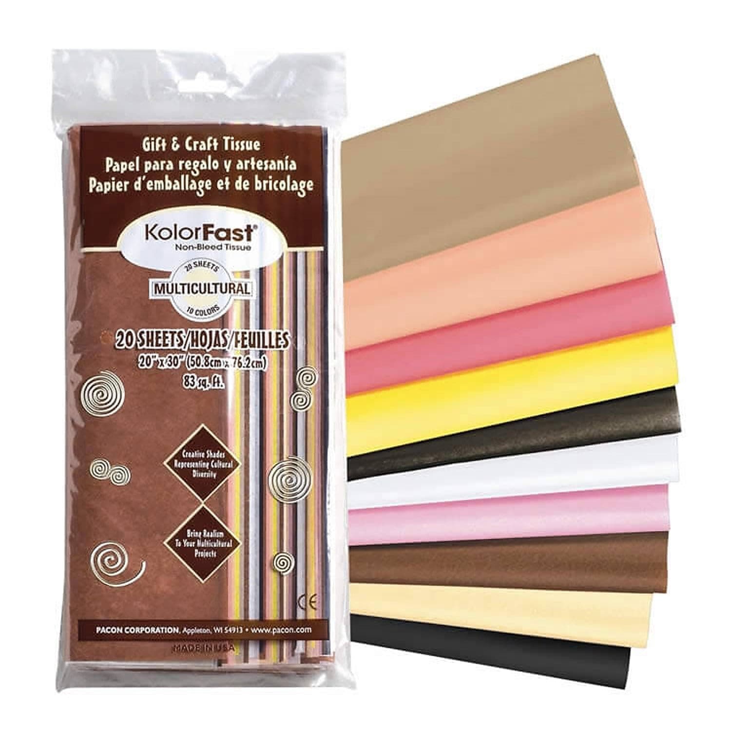 Pacon PAC58590 KolorFast Tissue Assortment, 20" x 30", Multicultural Colors, 20 Sheets