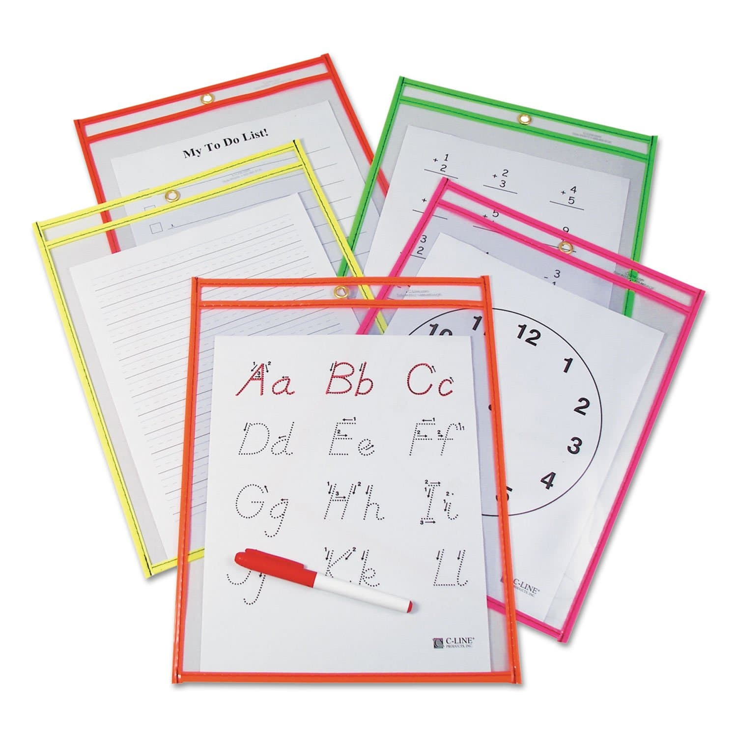 C-Line Reusable Dry Erase Pockets, 9 x 12 Inches, Assorted Neon Colors, 10 Pockets per Pack (40810)