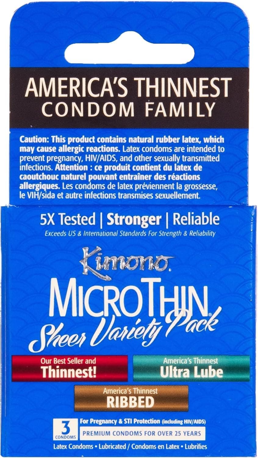 Kimono Sheer Variety Pack Ribbed and Ultra Lubricated Condoms, Includes Micro Thin, Natural Clear Latex, 3 Count