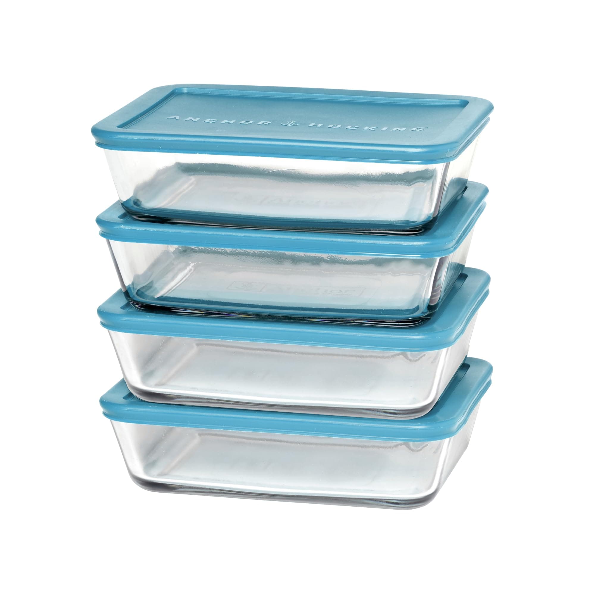 Anchor Hocking SnugFitTM Rectangular Food Storage Containers with Lids (4-Piece, 6-cup, Teal, oven-safe)