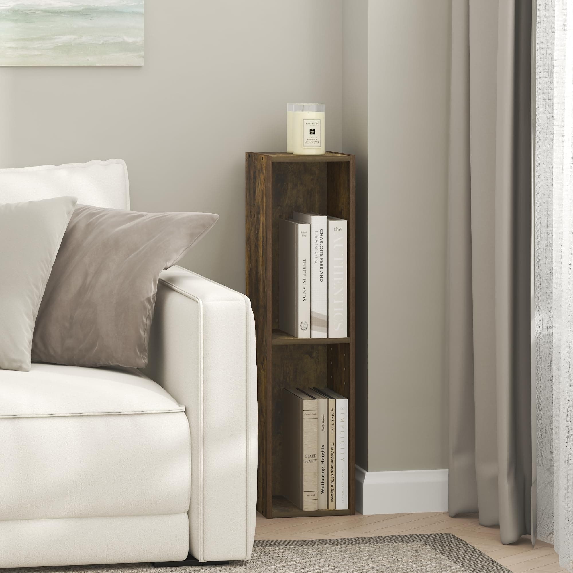 Furinno Fulda Book Shelf, 3-Tier Narrow Bookshelf, Bookcase with 8-in Width Storage Shelf, 9.3 x 7.9 x 31.5, for Living Room, Bedroom, Home Office, Amber Pine