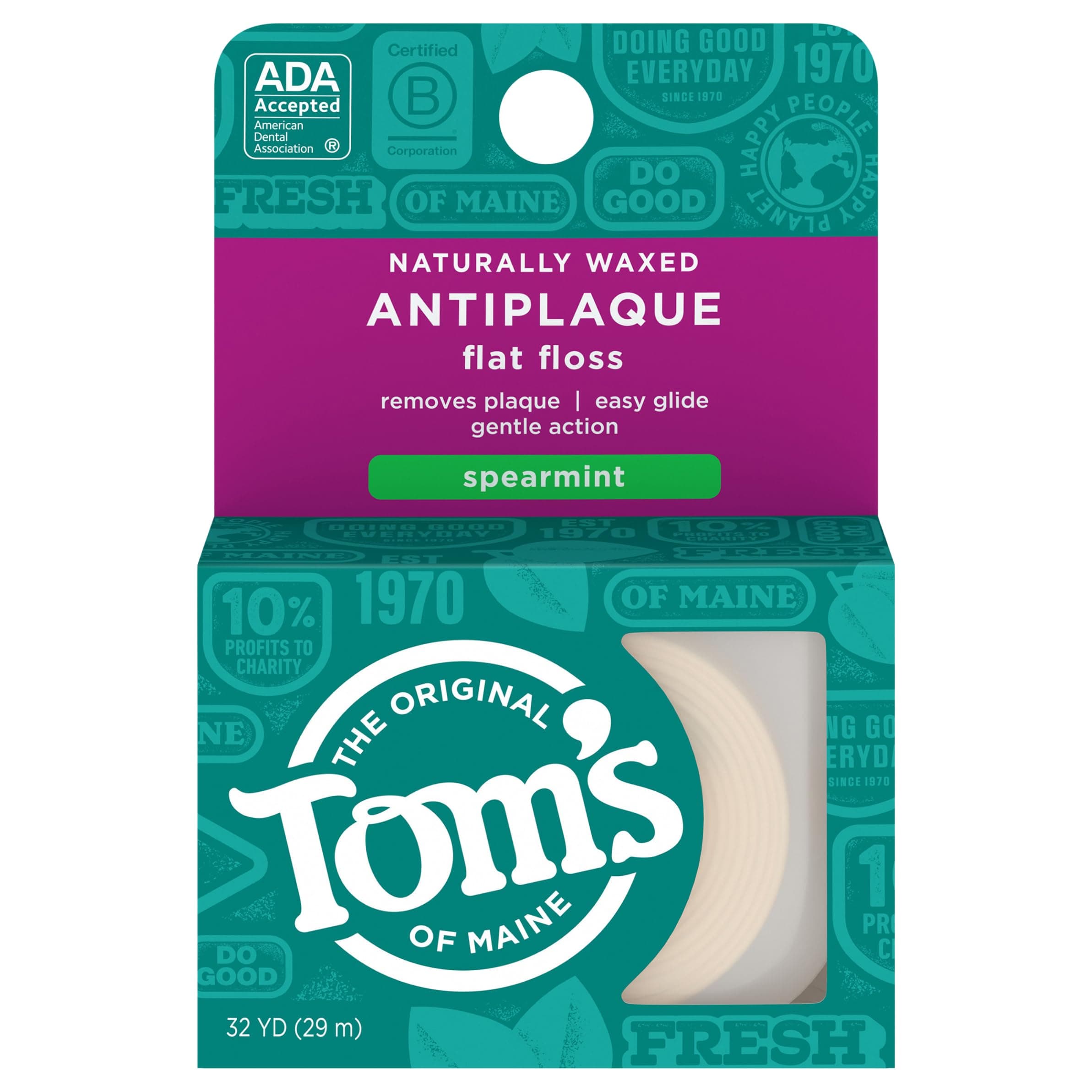 Tom's of Maine Natural Antiplaque Flat Floss, Waxed, Spearmint, 32 yards