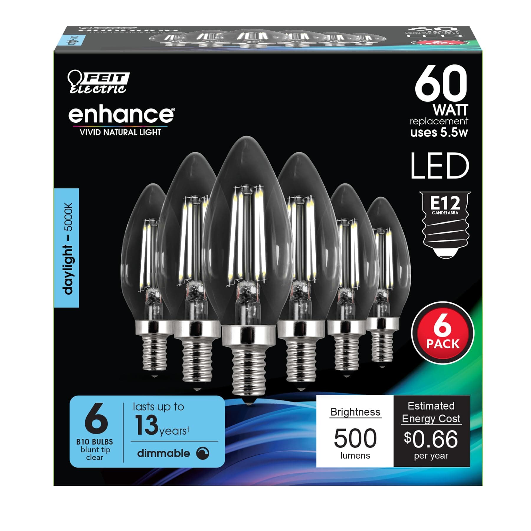 Feit Electric 60W Equivalent Candelabra LED Light Bulb, Dimmable, E12 Base, 5000K Daylight, B10 Filament Torpedo Tip Decorative Lighting Bulbs, 13-Year Lifetime, CTC60/950CA/FIL/6, 6-Pack