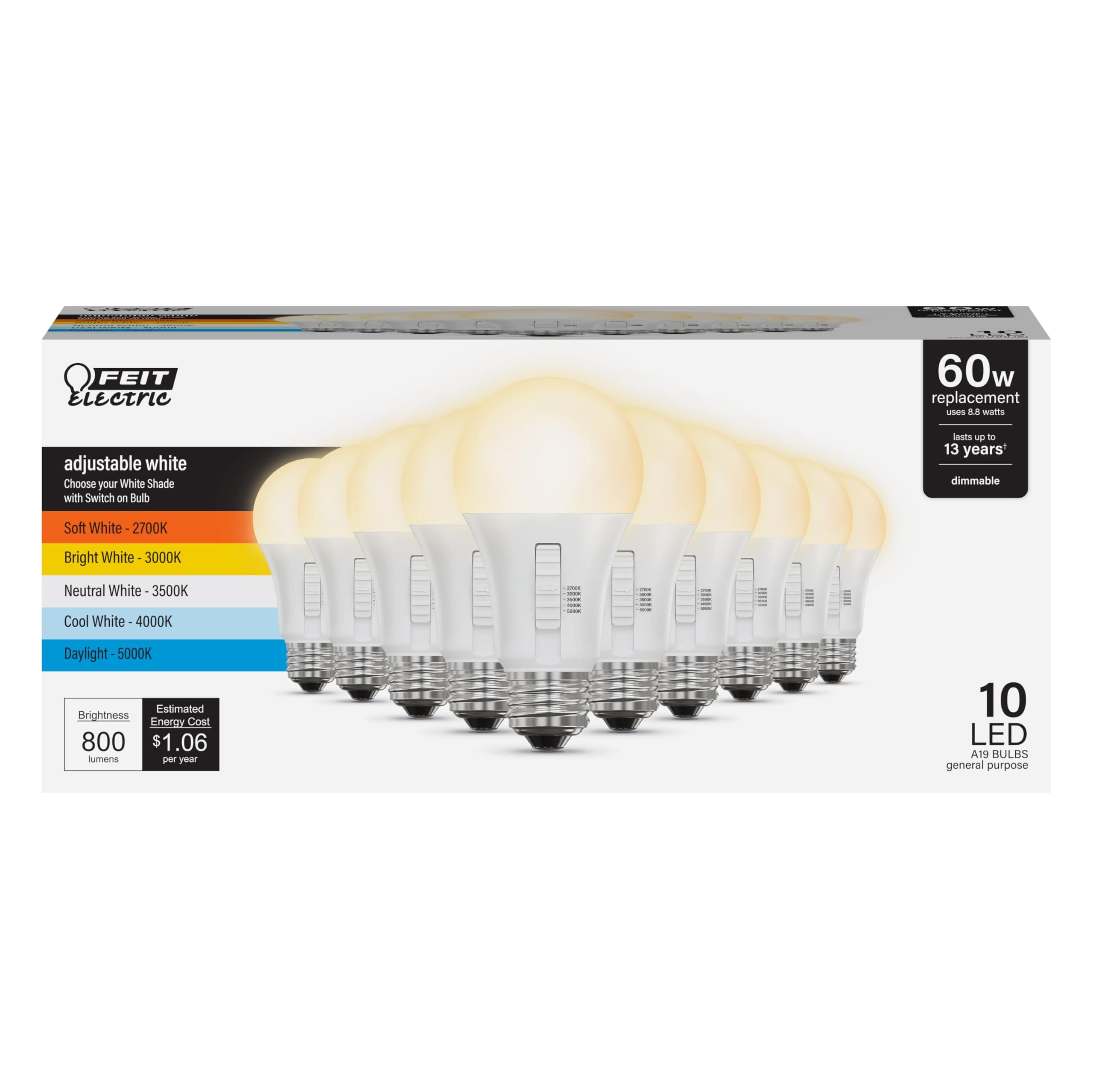 Feit Electric A19 LED Light Bulb, 60W Replacement, Dimmable, Selectable Color Temperatures (2700K-5000K), 800 Lumens, General Purpose Light Bulbs, 15,000-Hour Lifetime, OM60DM/5CCTCA/LED/ 10 Pack