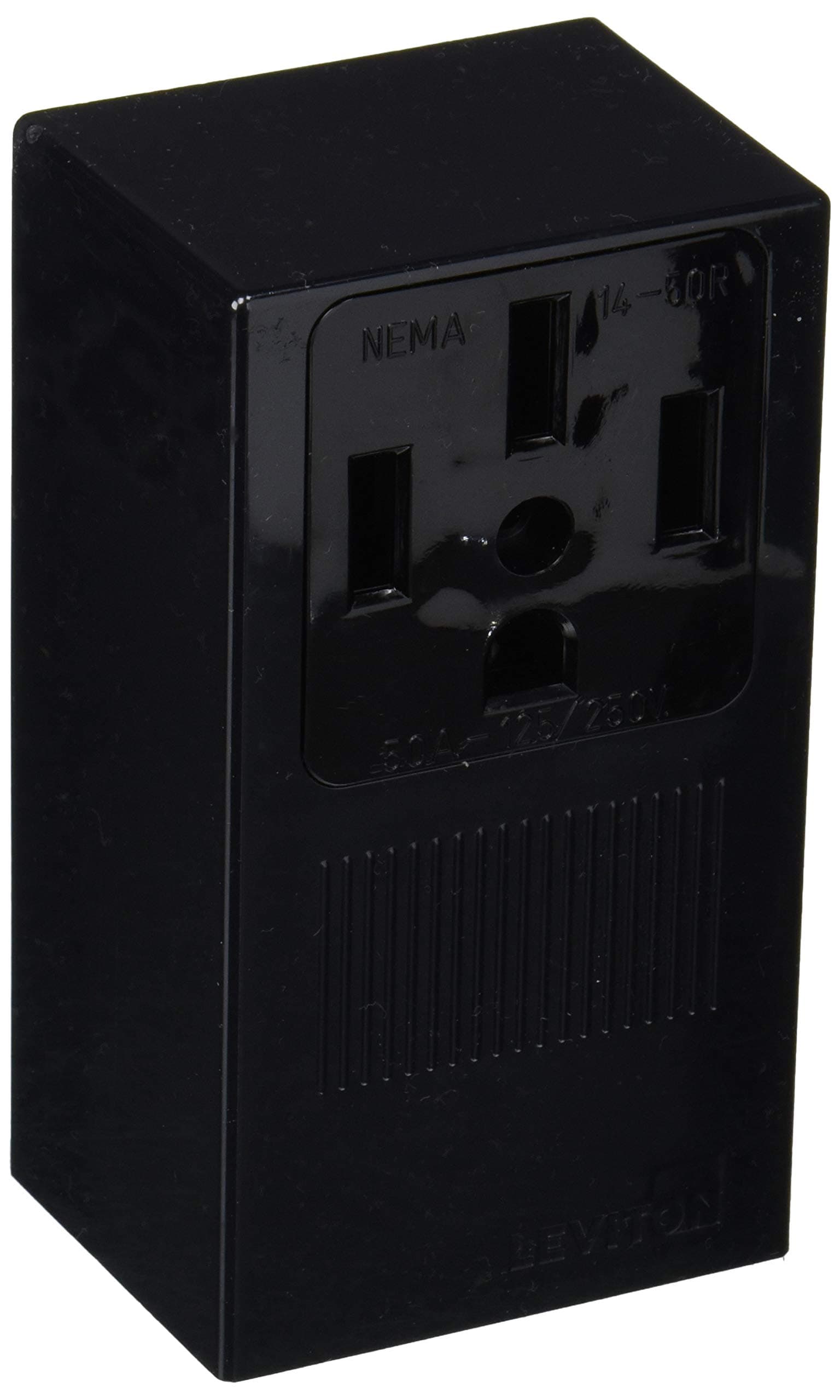 Leviton 55050 50 Amp, 125/250 Volt, NEMA 14-50R, 3P, 4W, Surface Mounting Receptacle, Straight Blade, Industrial Grade, Grounding, Side Wired, Steel Strap (Black)