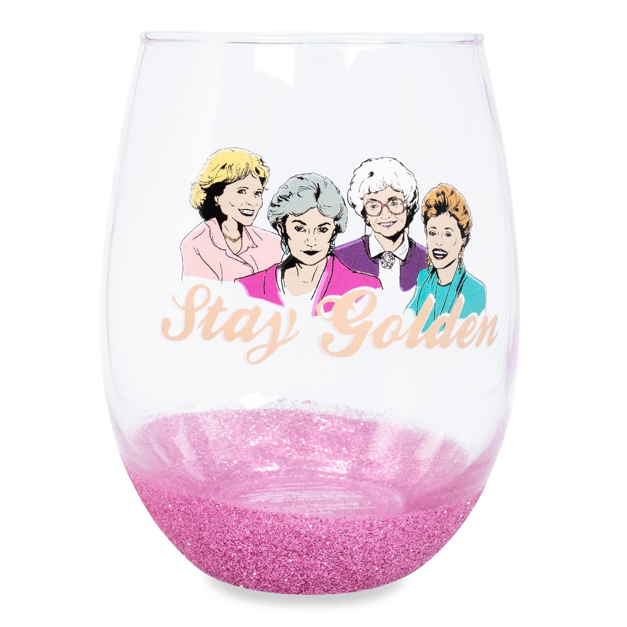 Silver Buffalo The Golden Girls Stay Golden Teardrop Stemless Wine Glass With Dipped Bottom | Tumbler Cup For Mimosas, Cocktails | Home Barware For Liquor, Kitchen Decor, Cute Gifts | Holds 20 Ounces