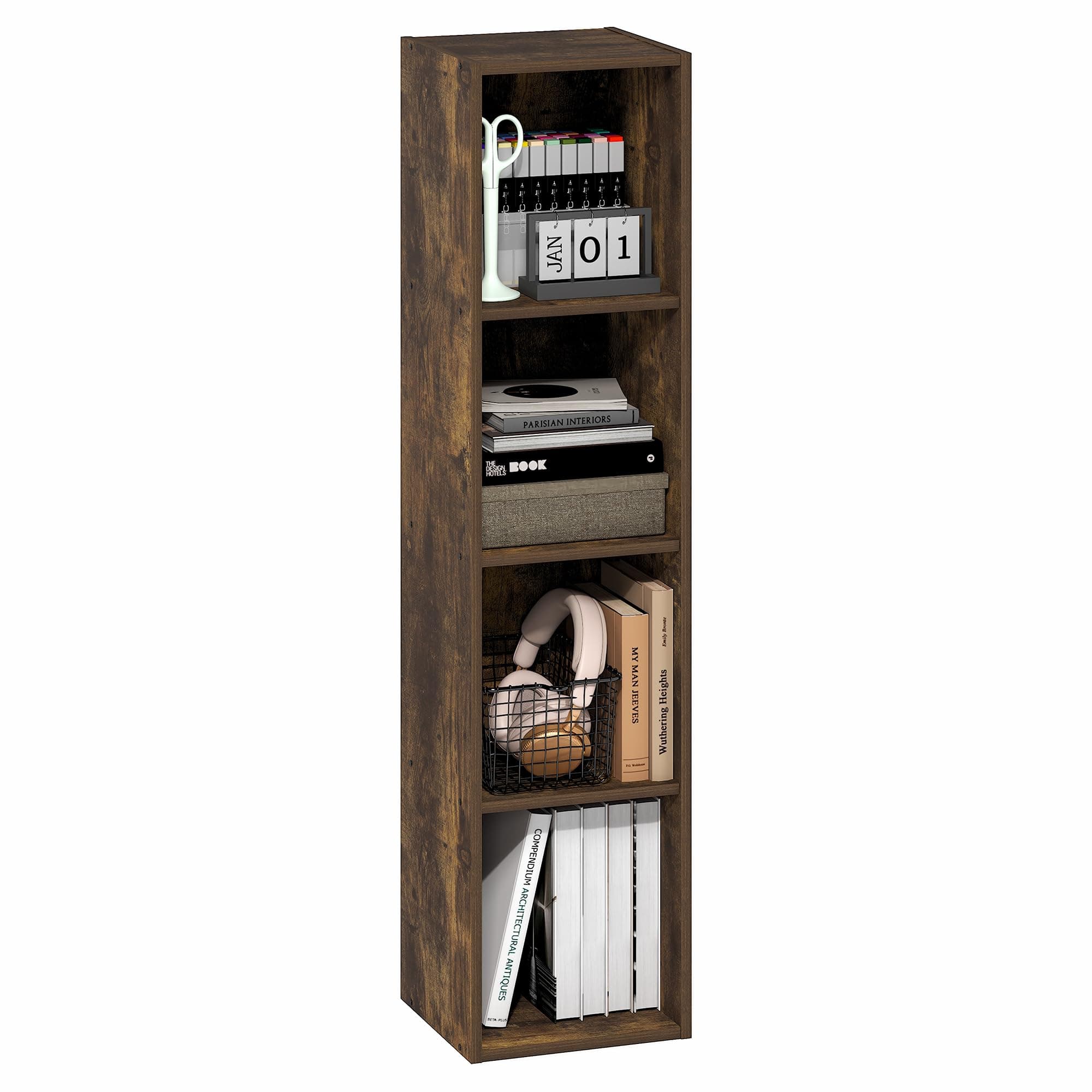 Furinno Fulda Book Shelf, 4-Tier Narrow Bookshelf, Standing Bookcase with 10-in Width Storage Shelf, 9.3 x 9.8 x 41.6, for Organization and Storage, for Living Room, Bedroom, Home Office, Amber Pine