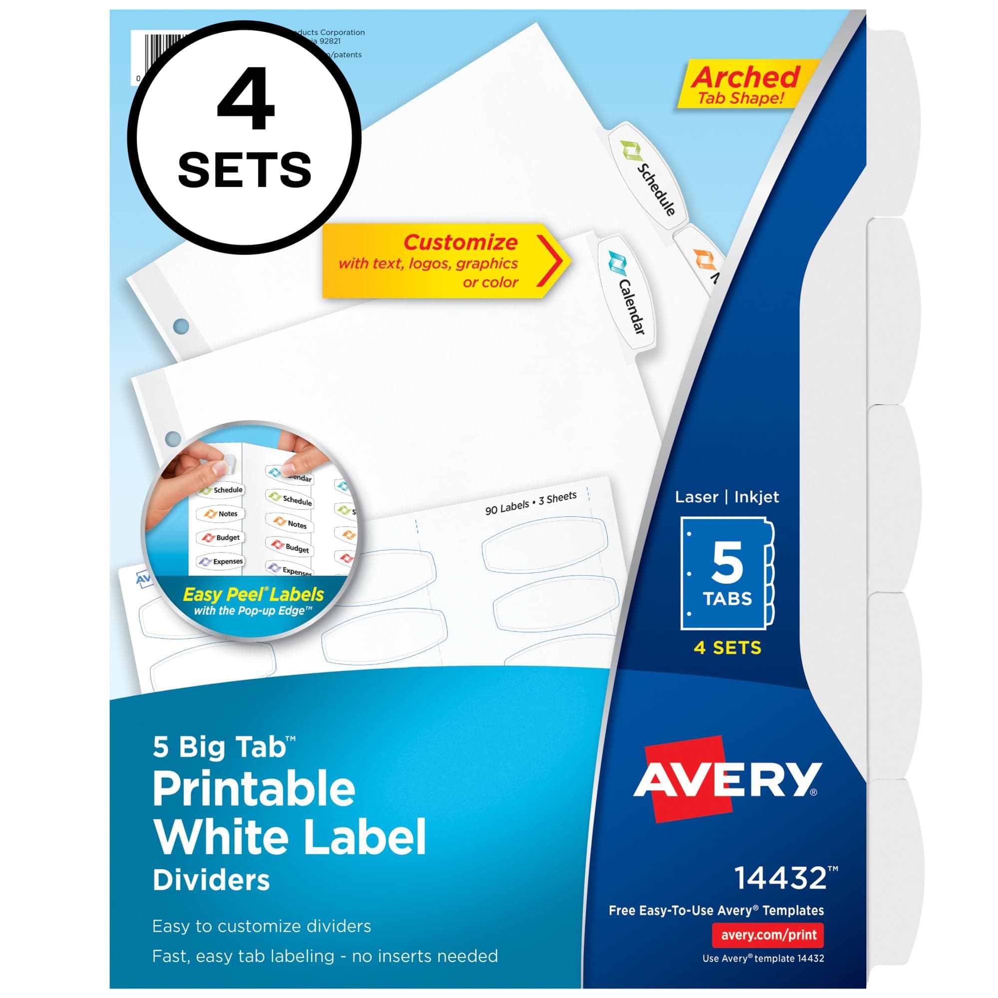 Avery® Big Tab™ Printable White Label Dividers, Includes Easy Peel® Labels, 5 Tabs, 4 Sets (14432)