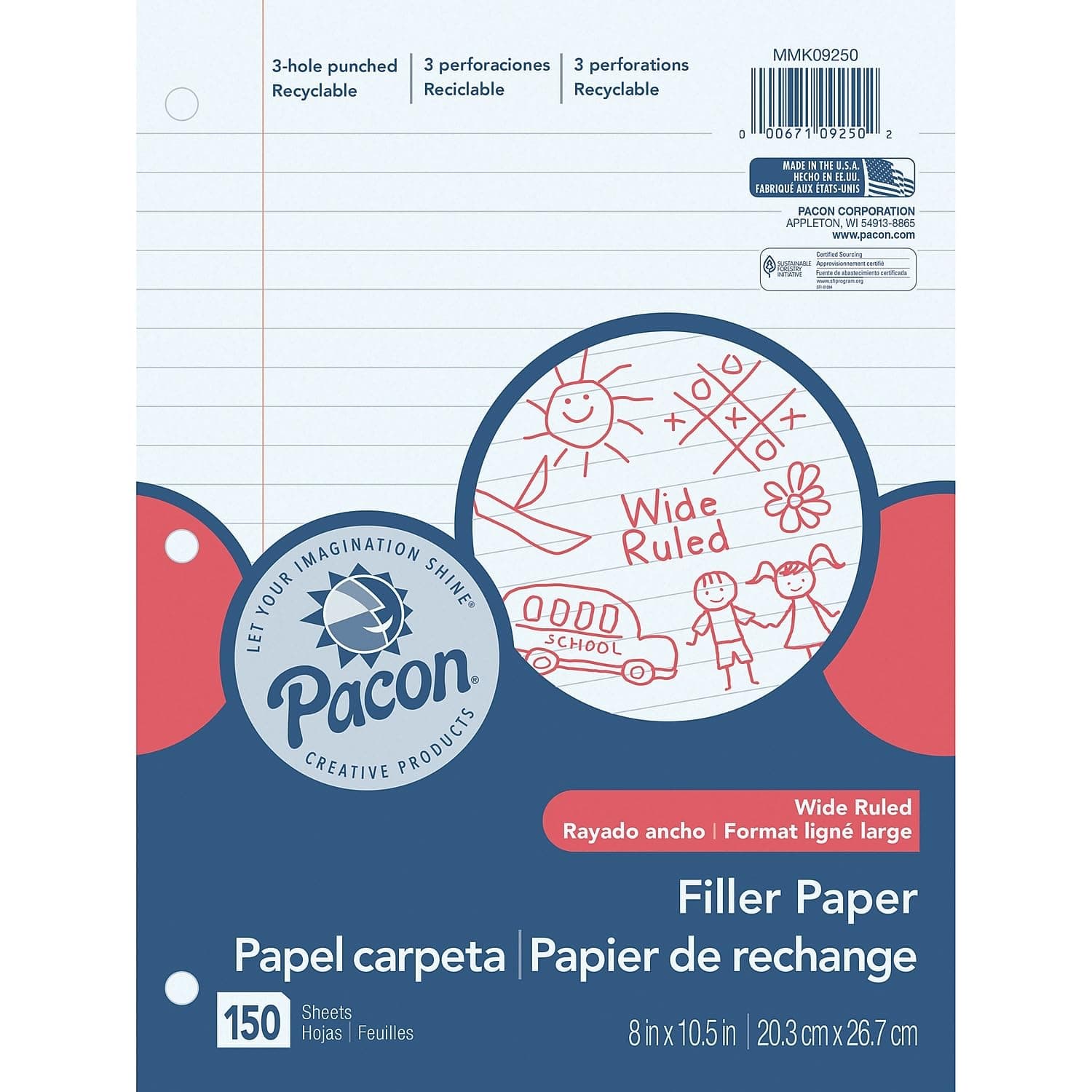 Pacon PACMMK09250 Filler Paper, Wide Rule, 8" x 10.5", White, 150 Sheets