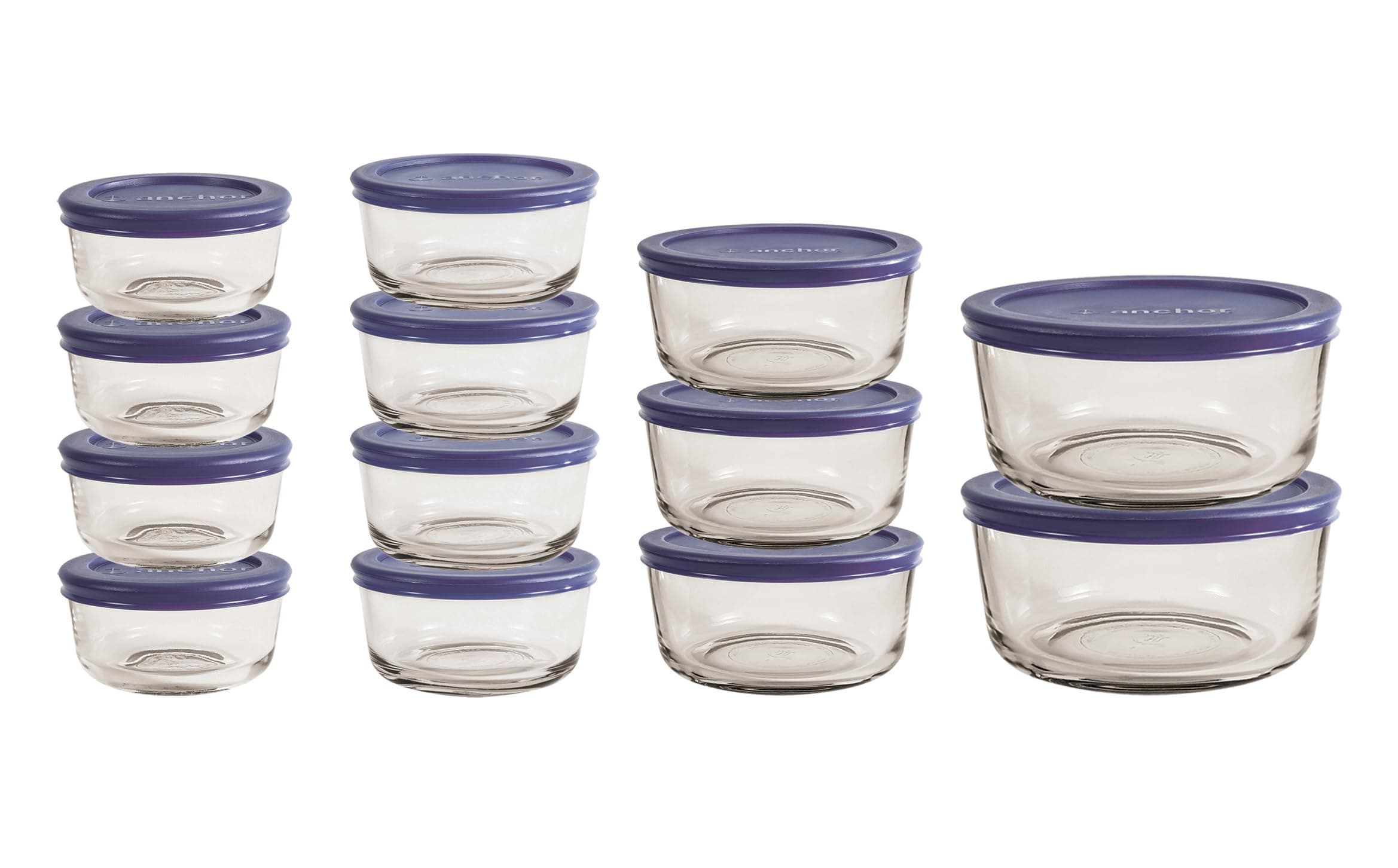 Anchor Hocking 26 Piece Glass Storage Containers with Lids (13 Glass Food Storage Containers & 13 Navy Blue SnugFit Lids)