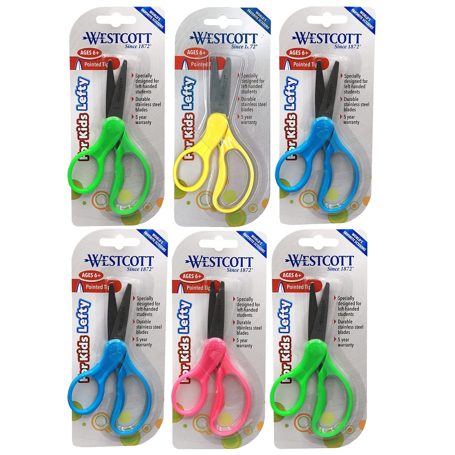 Westcott School Left-Handed 5" Kids Stainless Steel Scissors, Assorted Colors, Pack of 6 (ACM13178-6)