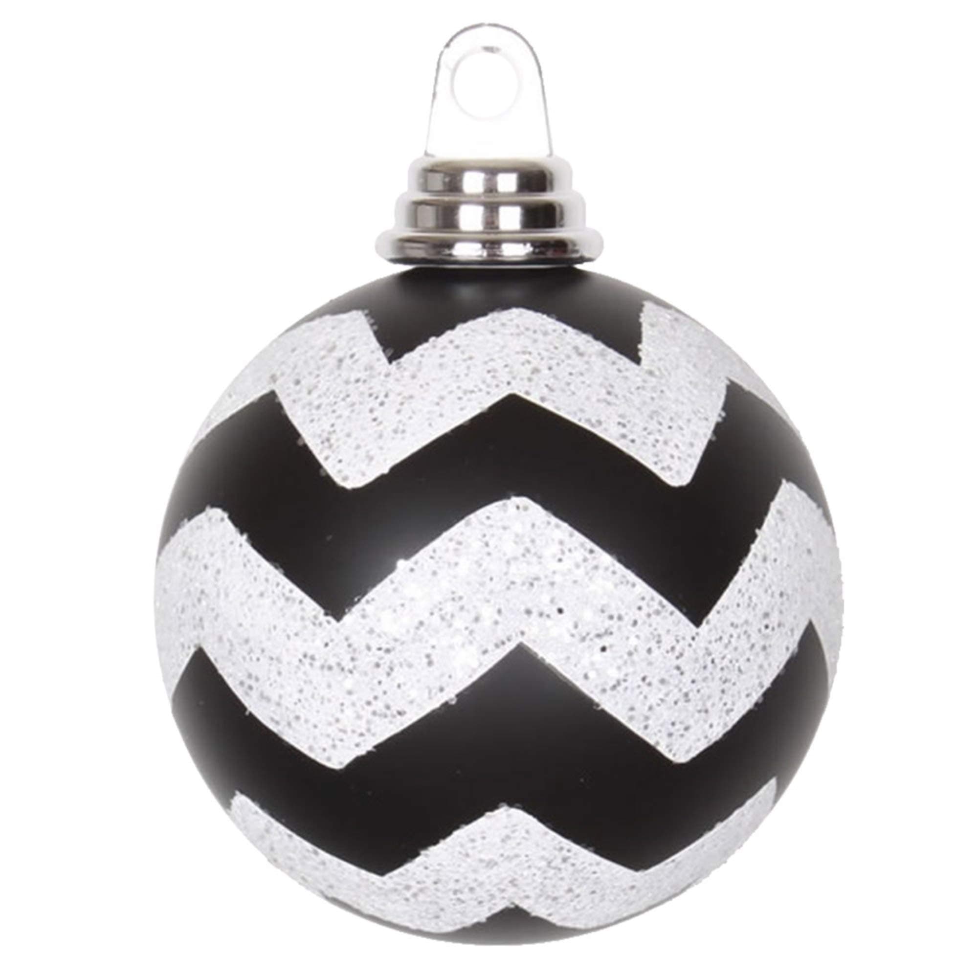 Vickerman 4" Black and White Matte Chevron Ball Christmas Ornament, Shatterproof Plastic with Soft Matte Finish and Glitter Accented Chevron Pattern, 4 Ornaments per Box