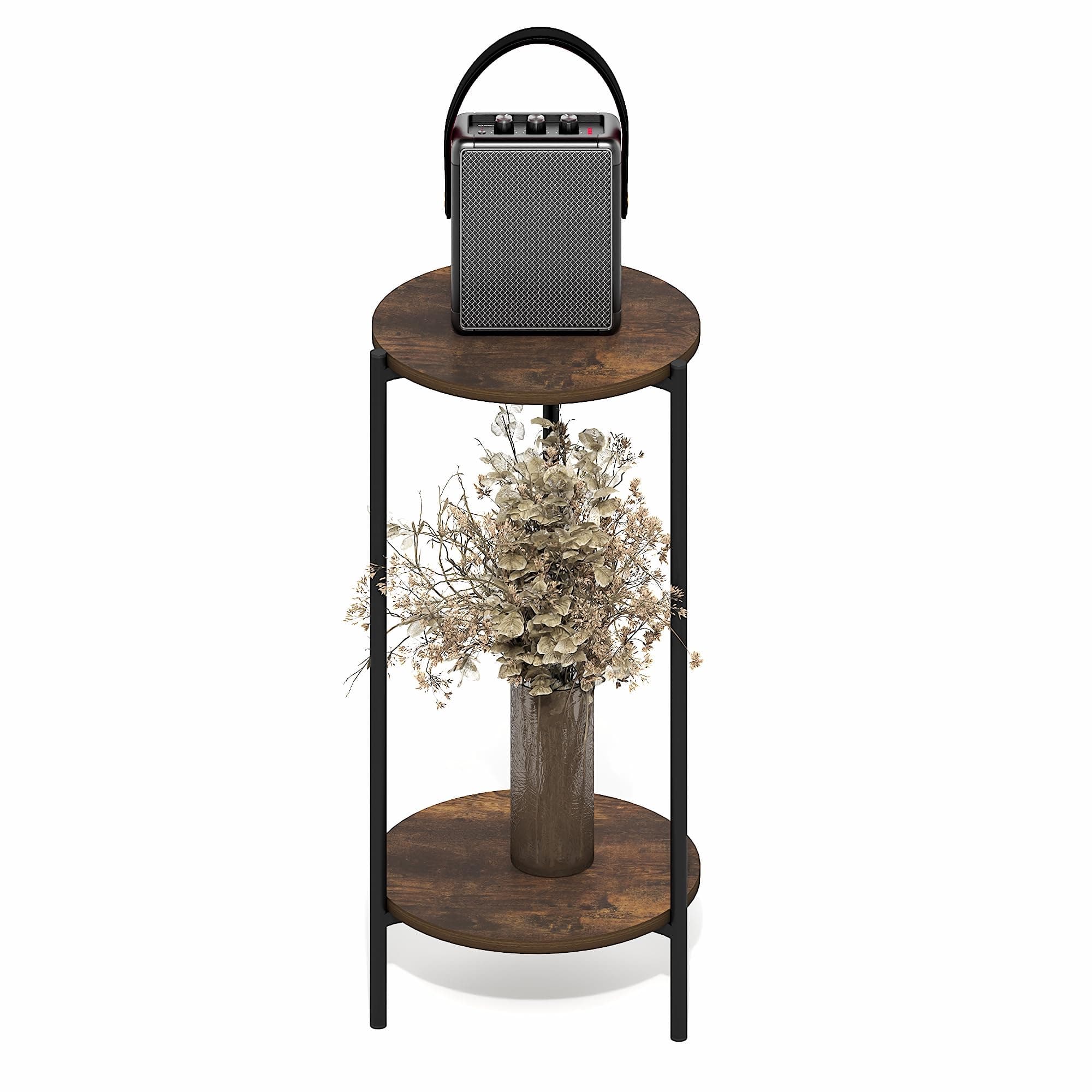 Furinno BESI Side Table, 2-Tier Tall Round Narrow End Table with Metal Legs, Metal Frame Night Stand, Bedside Table with Open Shelf, Easy Assembly, for Living Room, Bedroom, Amber Pine