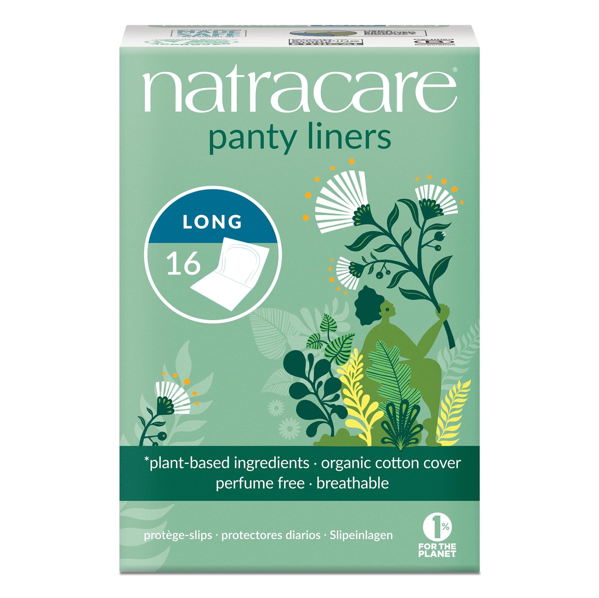 Natracare Natural Organic Panty Liners, Long, Made with Certified Organic Cotton, Ecologically Certified Cellulose Pulp and Plant Starch (1 Pack, 16 Liners Total)