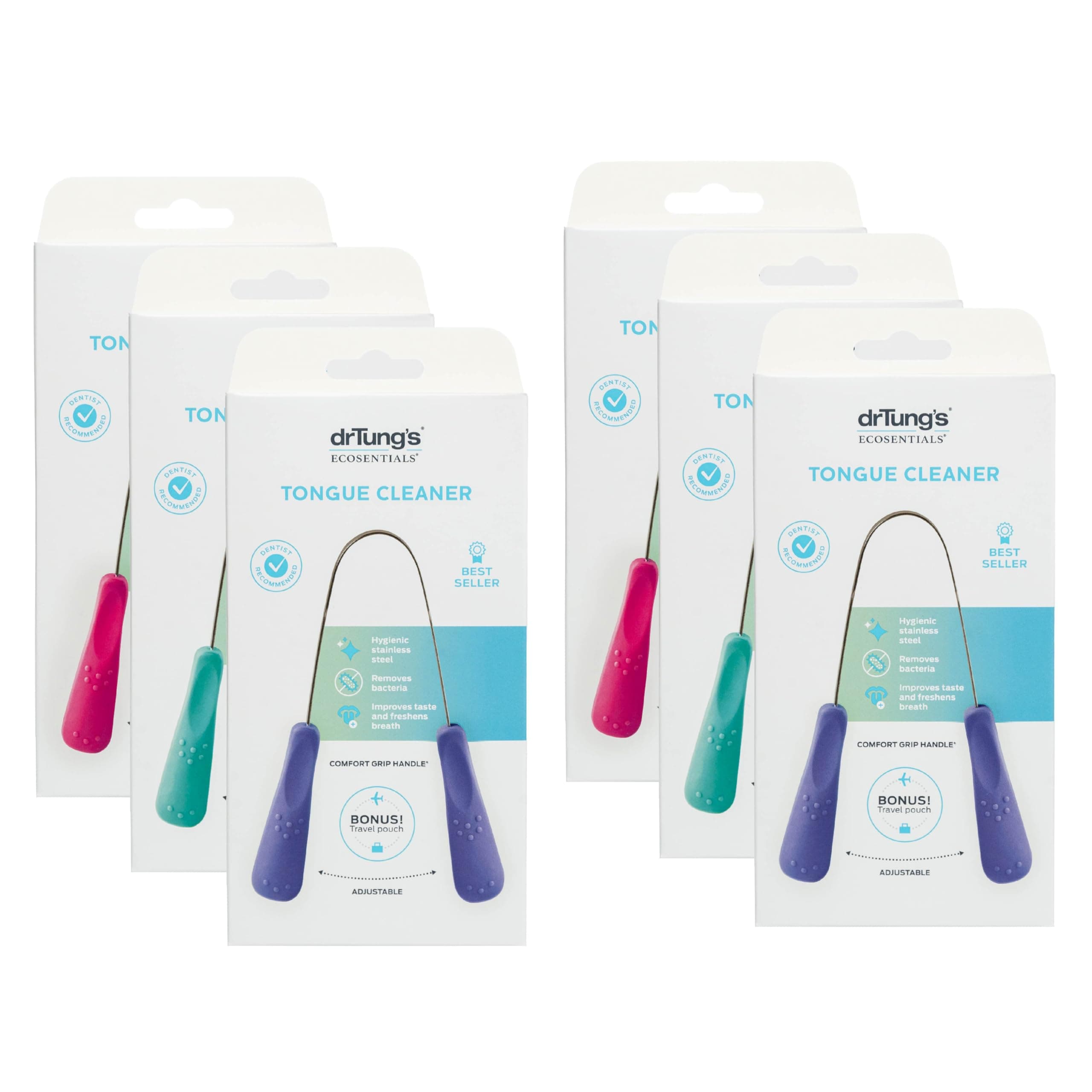 drTung's Stainless Steel Metal Tongue Scraper - Tongue Cleaner for Adults, Kids, Helps Freshen Breath, Easy to Use Comfort Grip Handle, Comes with Fabric Travel Pouch - 6 Pack