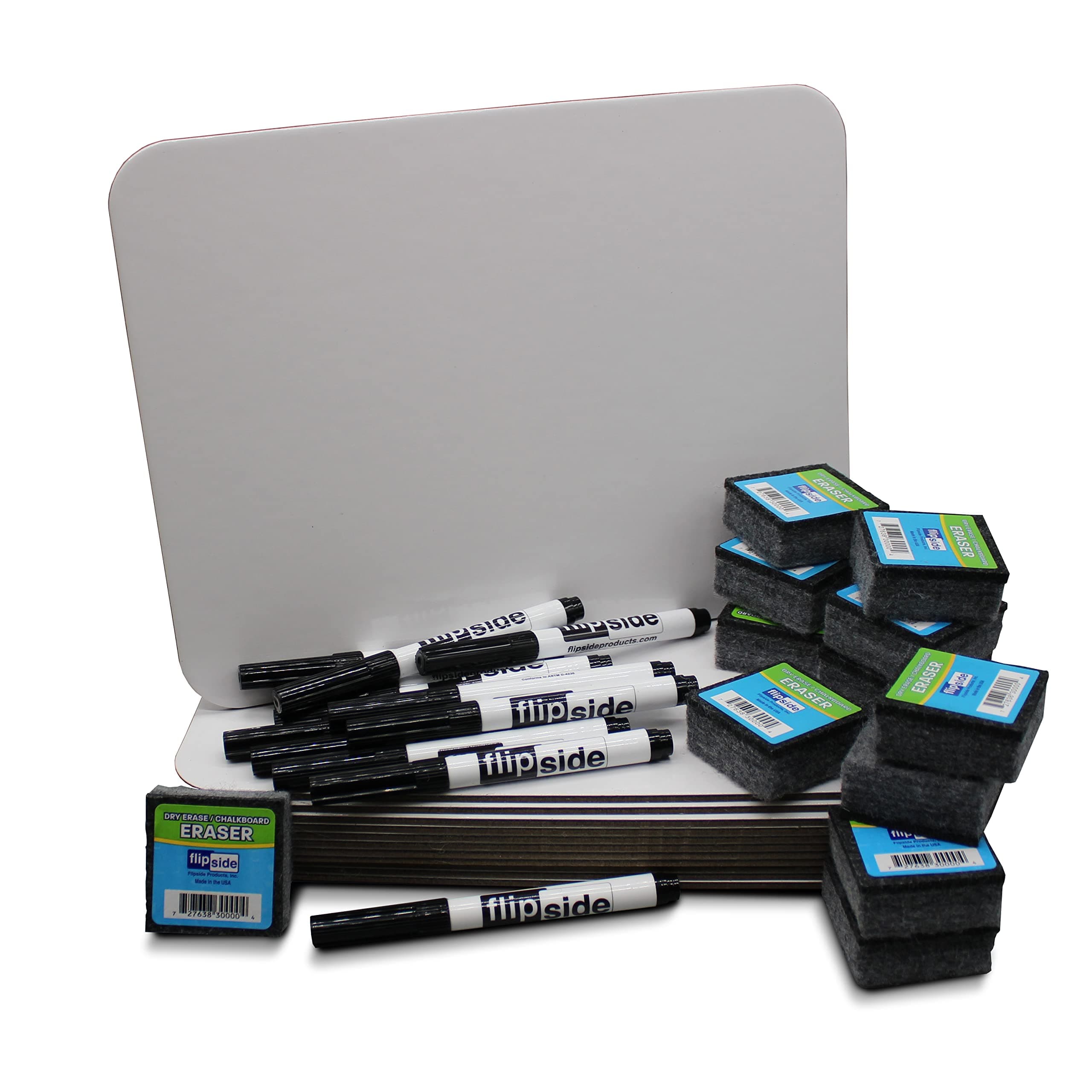 Flipside Products 9" x 12" Magnetic Plain Dry Erase White Boards, Classroom Pack, Single Sided Lapboard For Class, Reusable For Group Participation, 12 Pack of Boards + Erasers + Black Markers