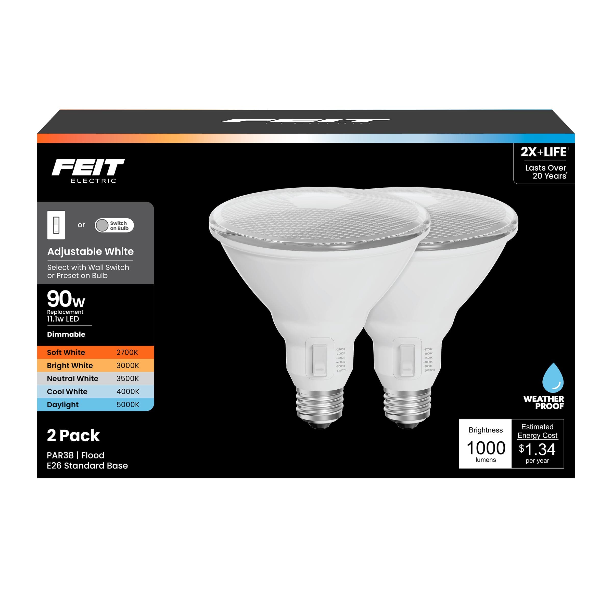 Feit Electric LED Reflector Light Bulb, Dimmable, Adjustable White 2700K–5000K, High CRI, Enhance Series, 25,000-Hour Lifetime, Indoor/Outdoor Use, 90-Watt LED
