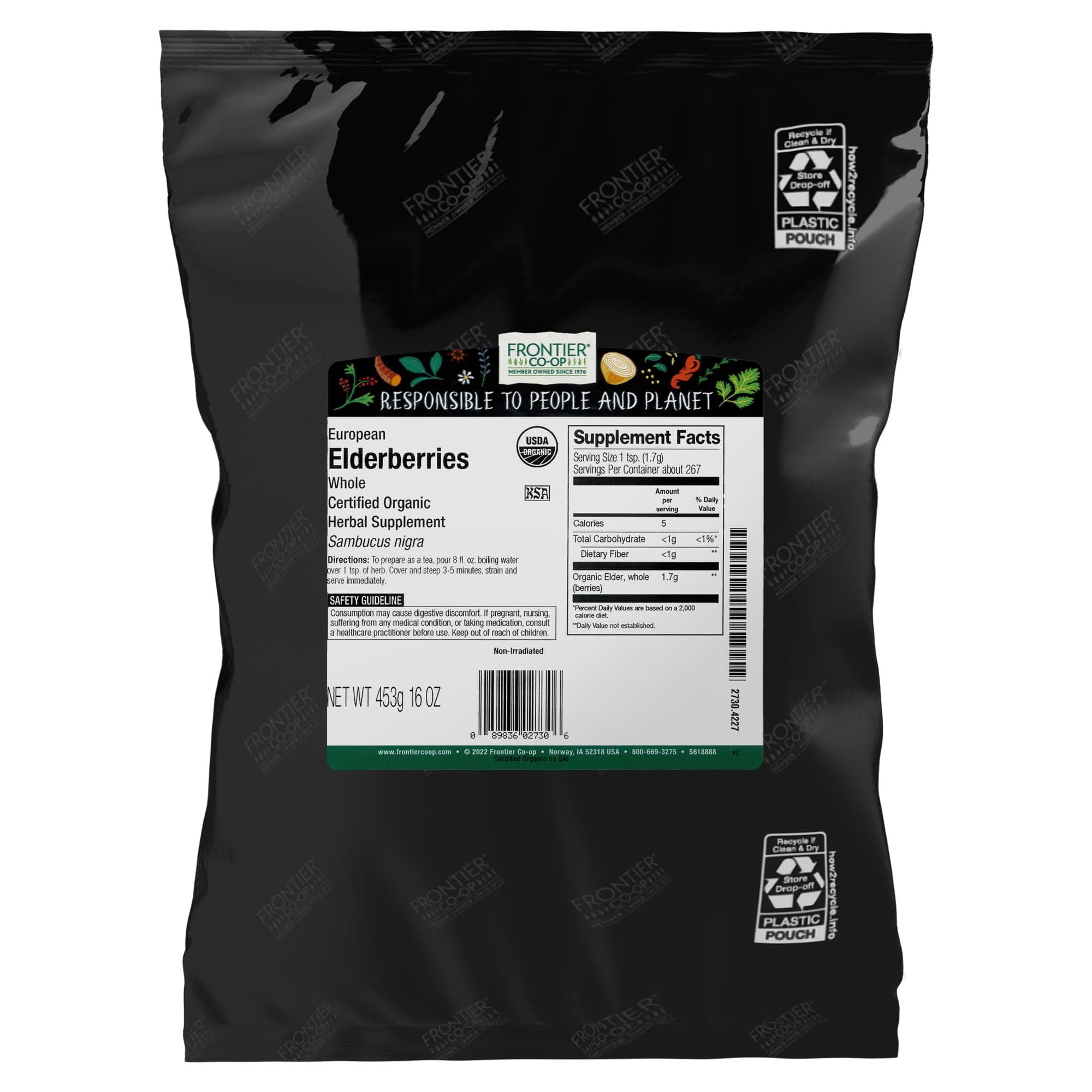 Frontier Co-op Organic Dried Elderberries, European Whole - Non-GMO Elderberry Berries Dried - For Tea, Immune Support - Kosher | 16 Ounce (Pack of 2)