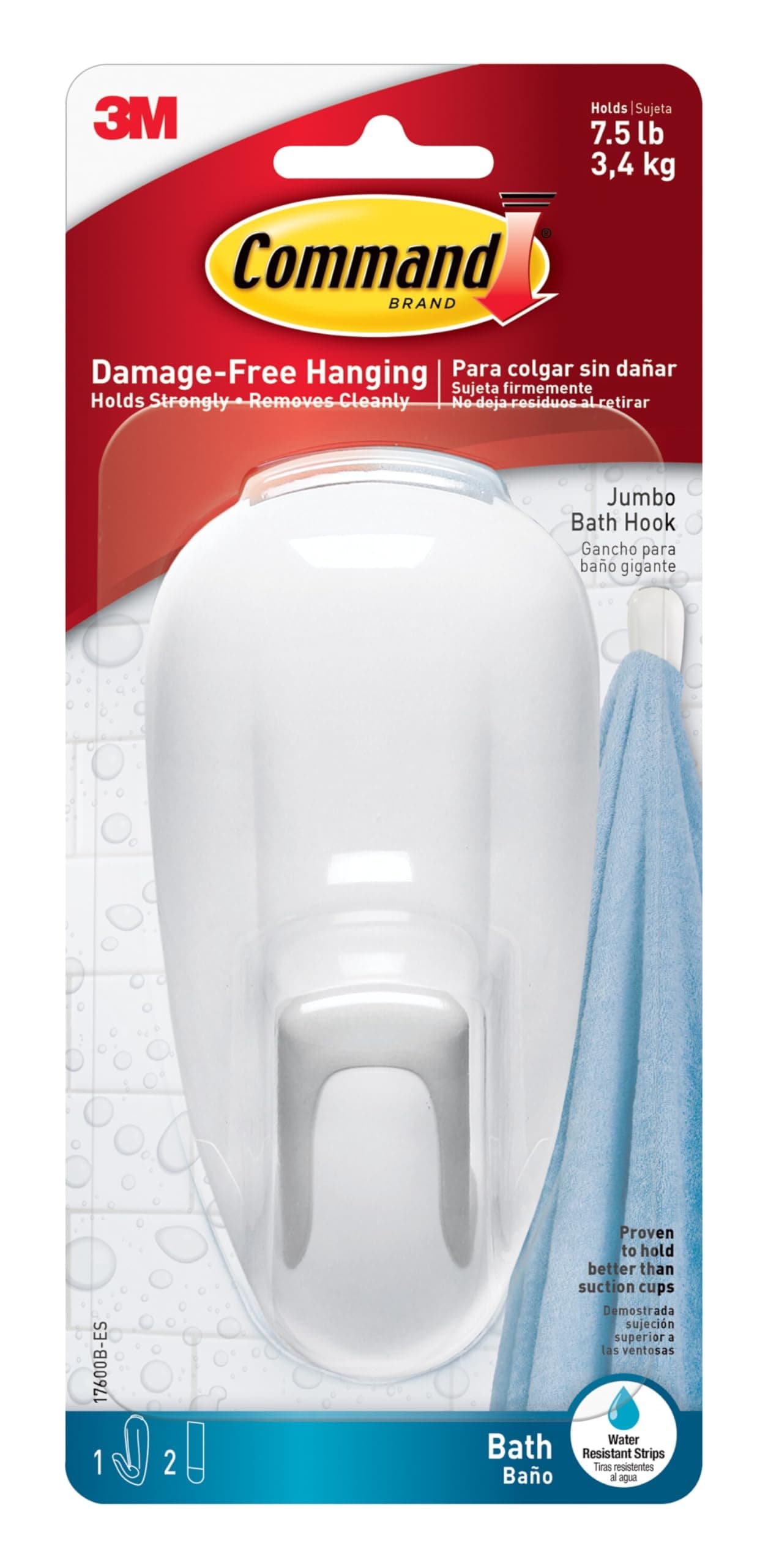 Command Bathroom Hook with Water-Resistant Strips, 1-Hook, 2-Strips, Organize Damage-Free