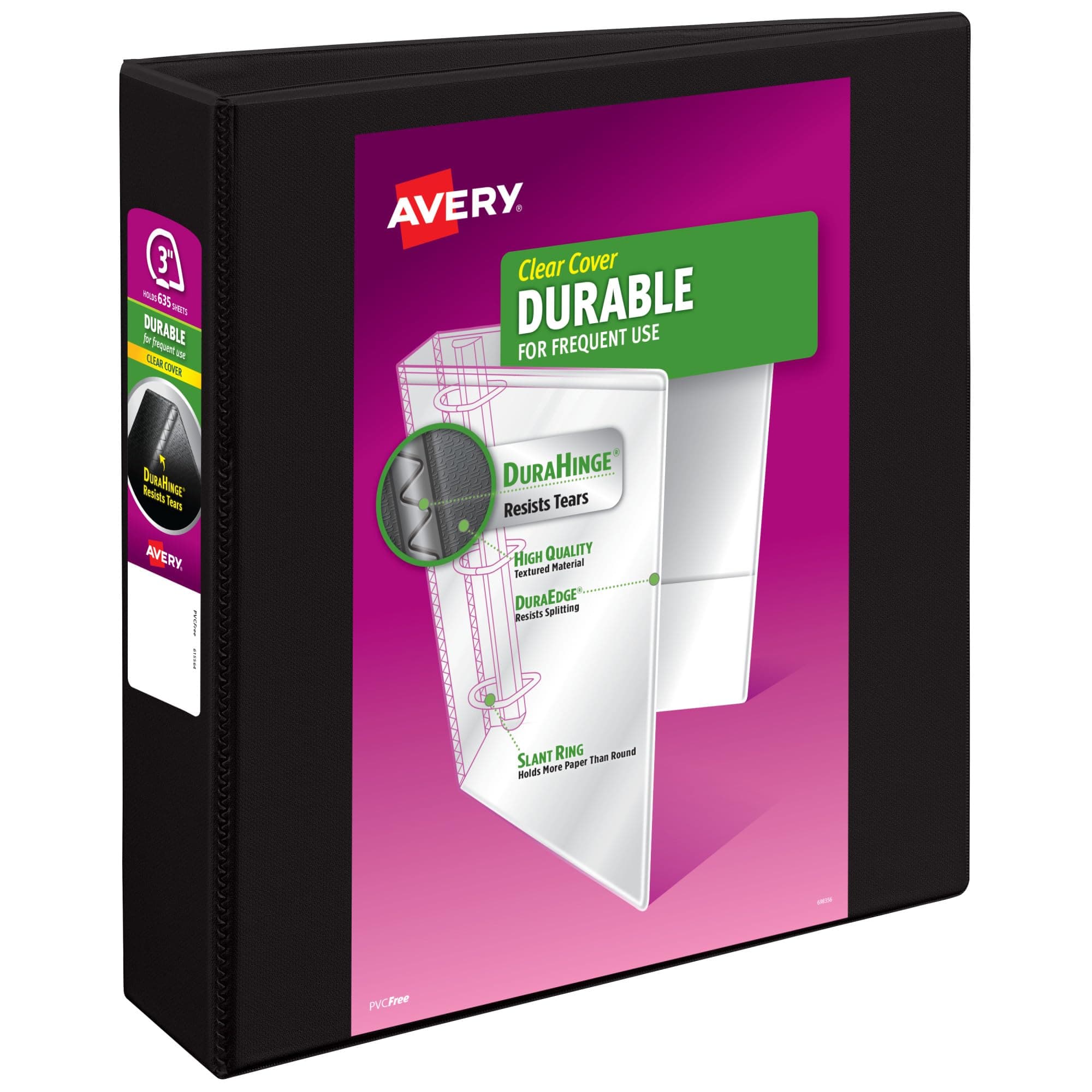 Avery Durable View Binder, 3" Slant Rings, 600-Sheet Capacity, DuraHinge, Black (17041)