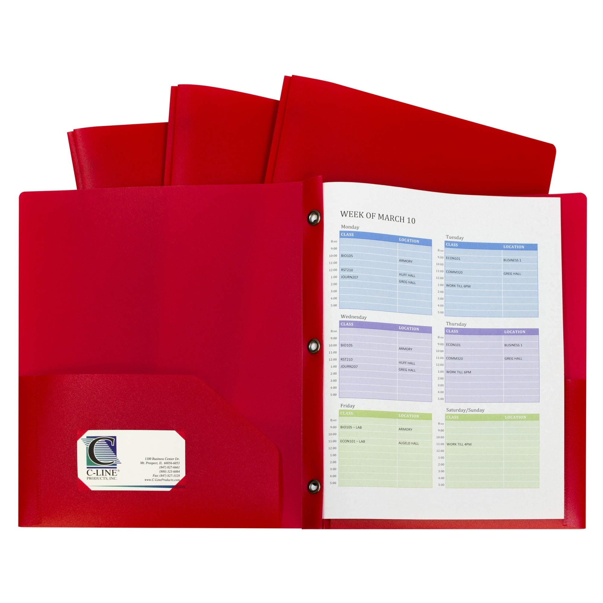 C-Line Two-Pocket Heavyweight Poly Portfolio with Prongs, for Letter Size Papers, Includes Business Card Slot, Red, 10 Pack (32964)