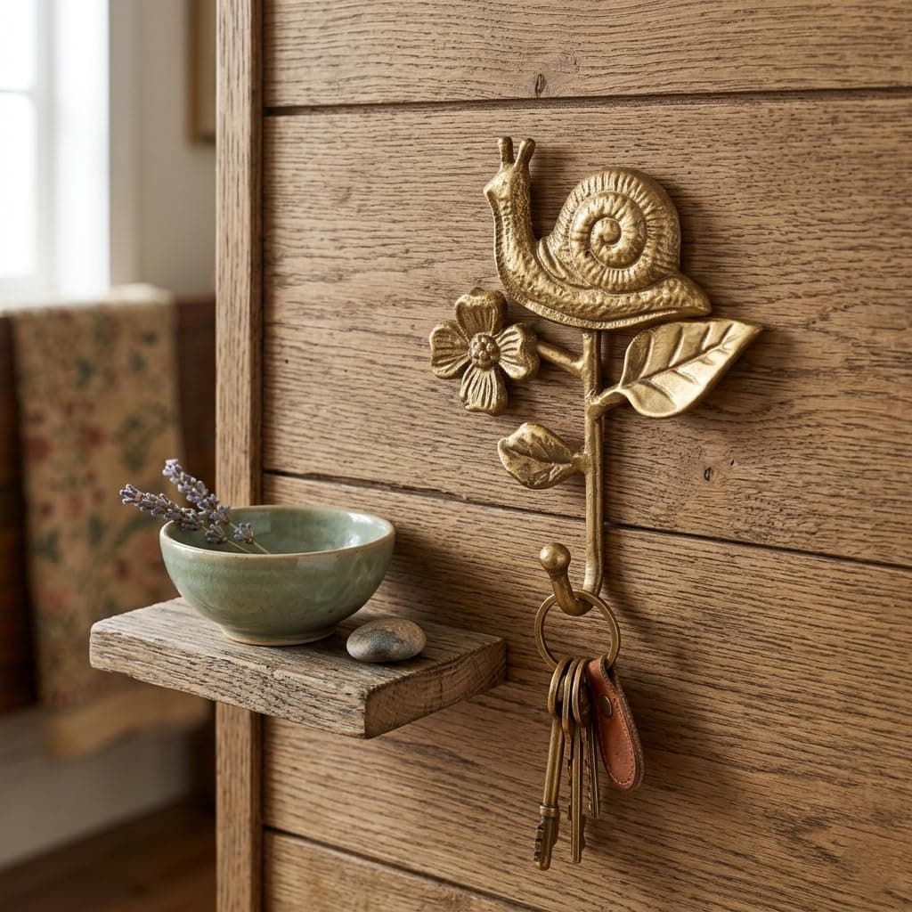 Cheungs Mythra Golden Snail & Flower Cast Iron Wall Hook - Handcrafted 7-inch - Elegant Gold Finish - Nature-Inspired for Living Room