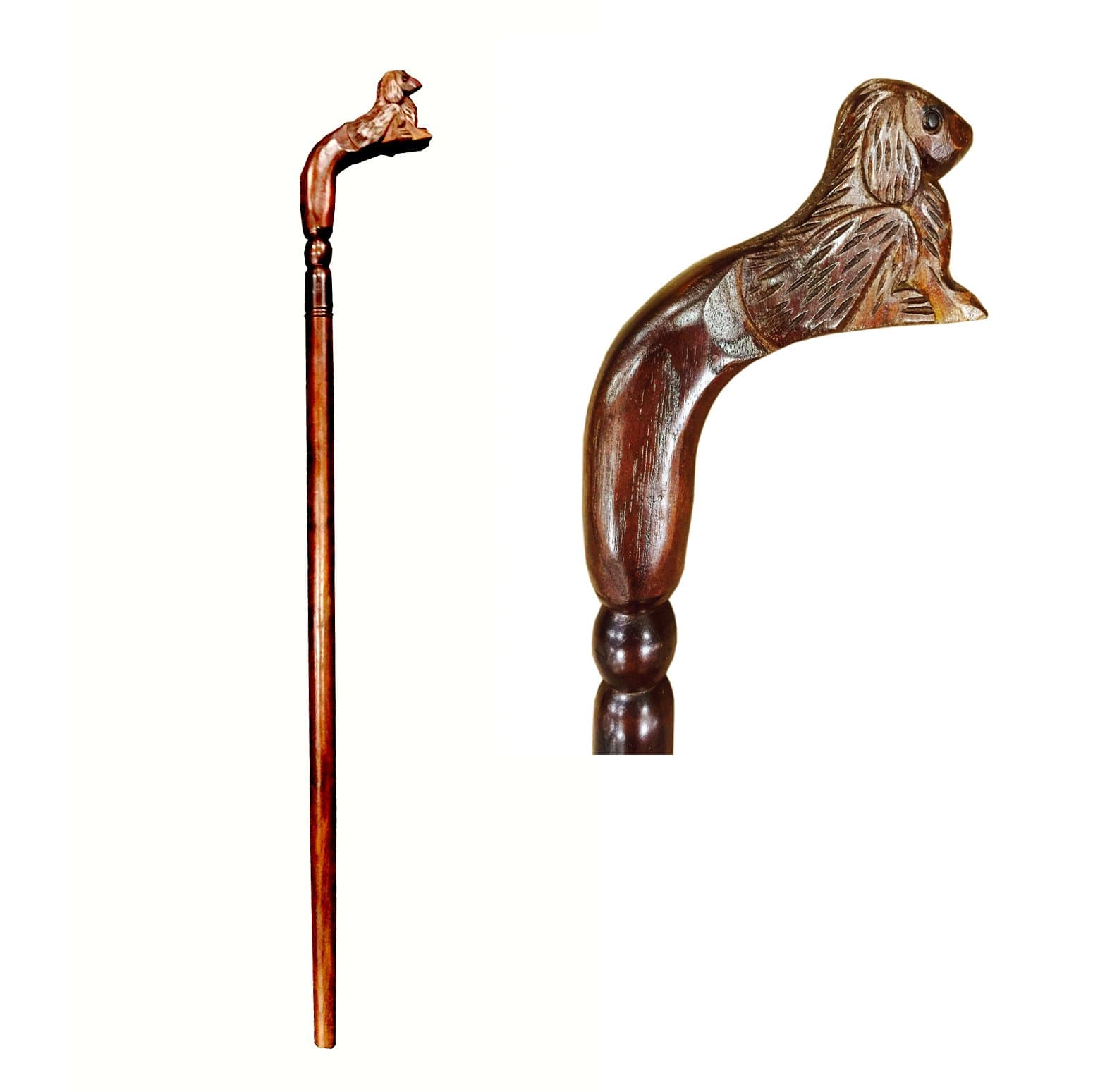 D-Art Collection Teak and Mahogany Solid Wood Dog Walking Stick in Dark Brown
