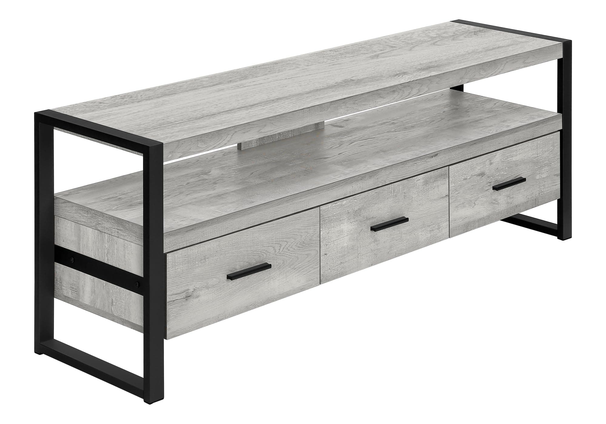 Monarch Specialties I 2821 Tv Stand, 60 Inch, Console, Media Entertainment Center, Storage Drawers, Living Room, Bedroom, Metal, Laminate, Grey, Black