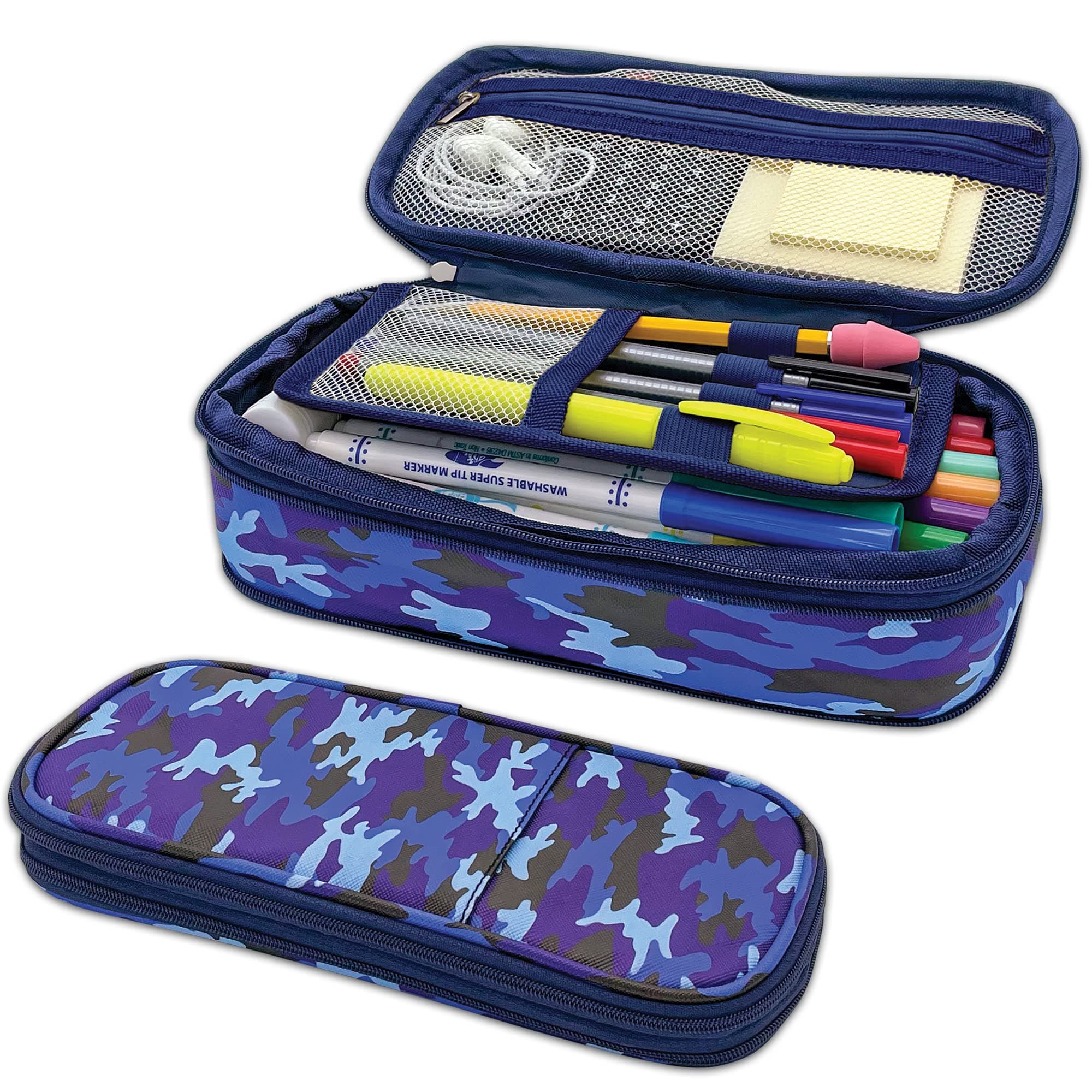 Teacher Created Resources Blue Camo Pencil Case Multifunctional Large Capacity Bag Pouch Holder Organizer
