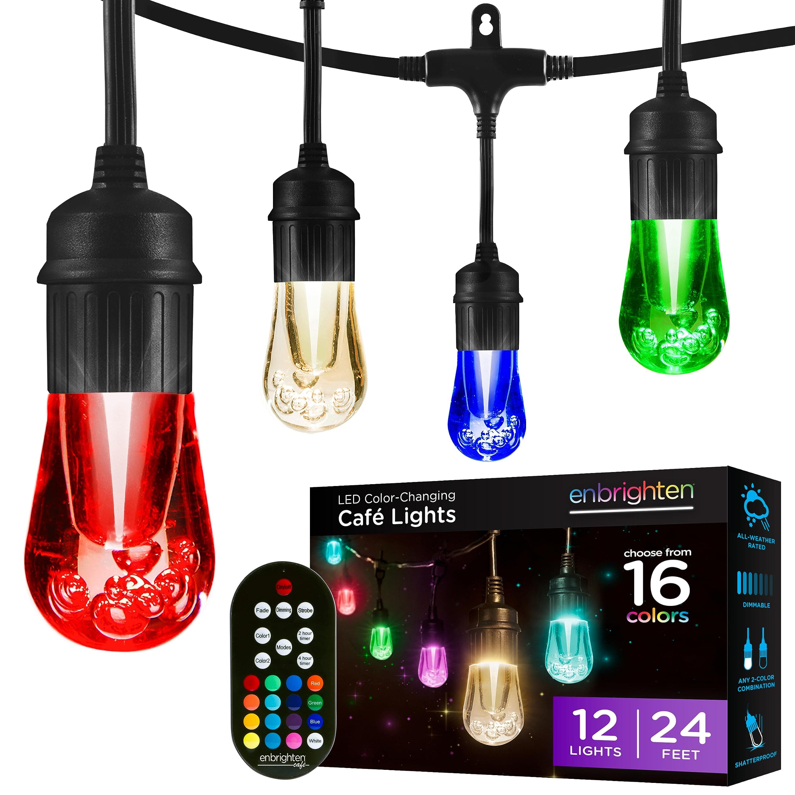 Enbrighten Vintage Seasons LED Warm White and Color Changing Café String Lights (24ft.), Wireless, 12 Lifetime Bulbs, Premium, Weatherproof, Shatterproof, Commercial Grade, 37791