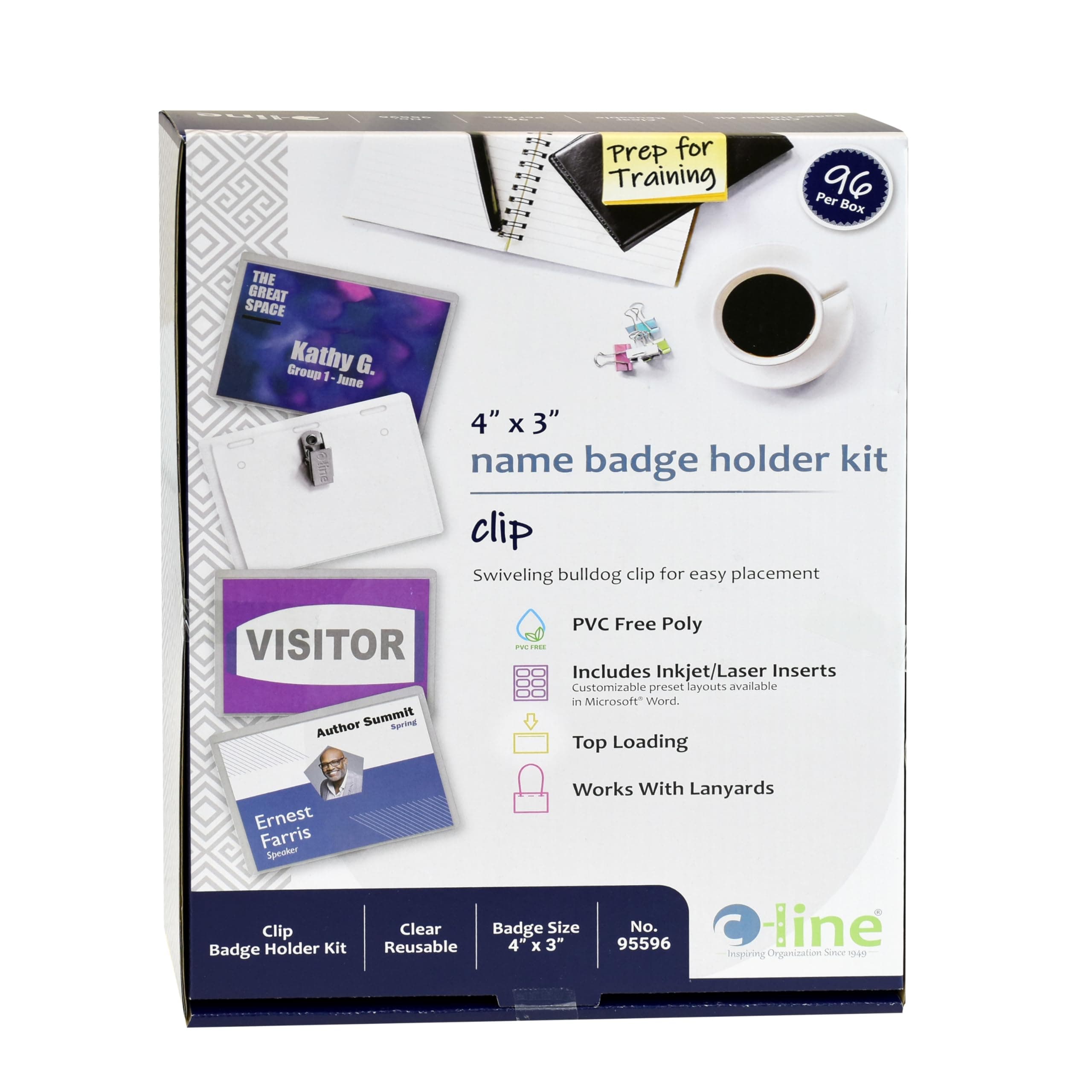 C-Line Clip Style Name Badge Holders, 4 x 3-Inch, Clear, 96 Per Box (95596)