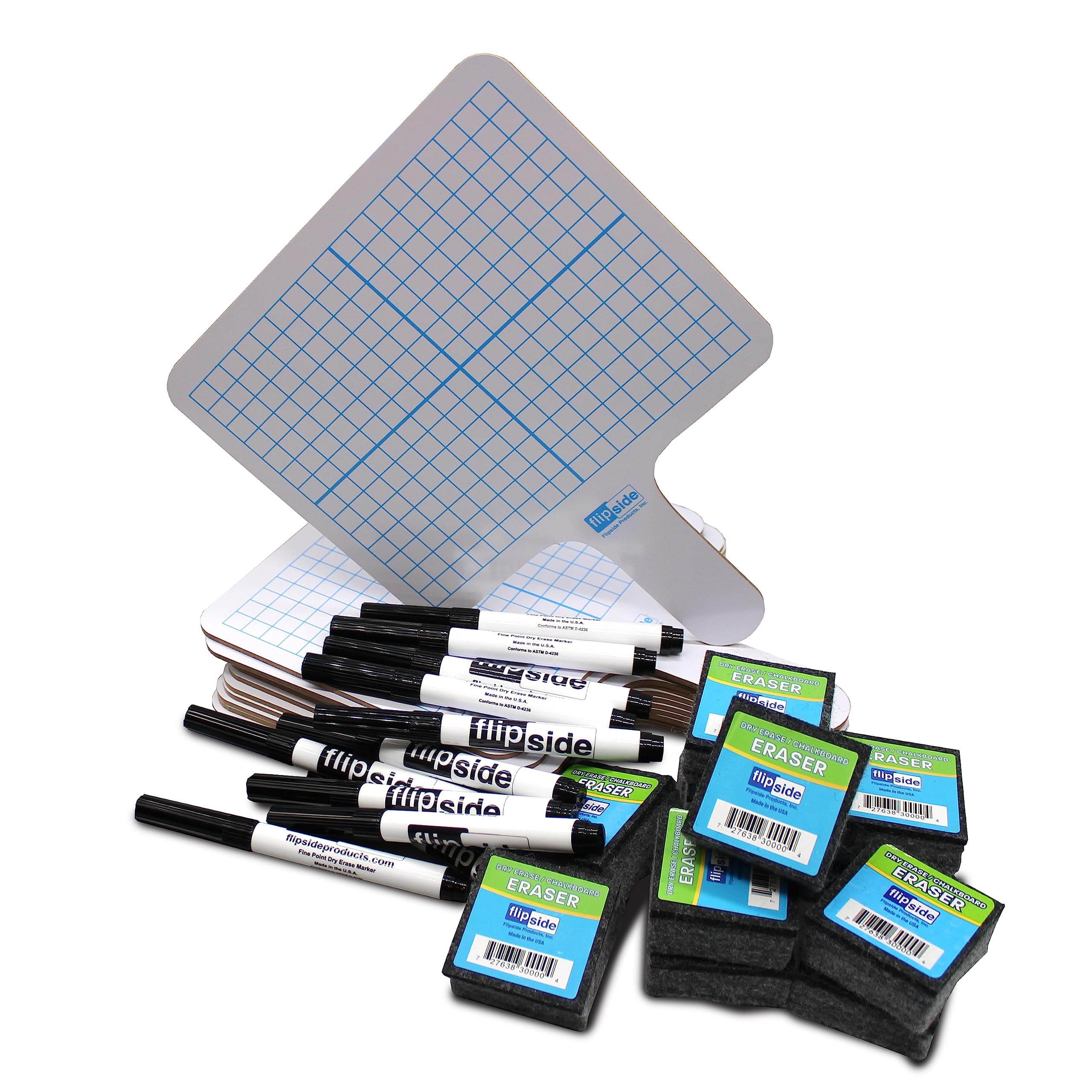 Flipside Products Double Sided Rectangular Graph Dry Erase Answer Paddles w/Black Dry Erase Marker and Erasers, Auction Handheld Whiteboard, Handle Response Board, 36 Pieces, Math Practice, 12 Set