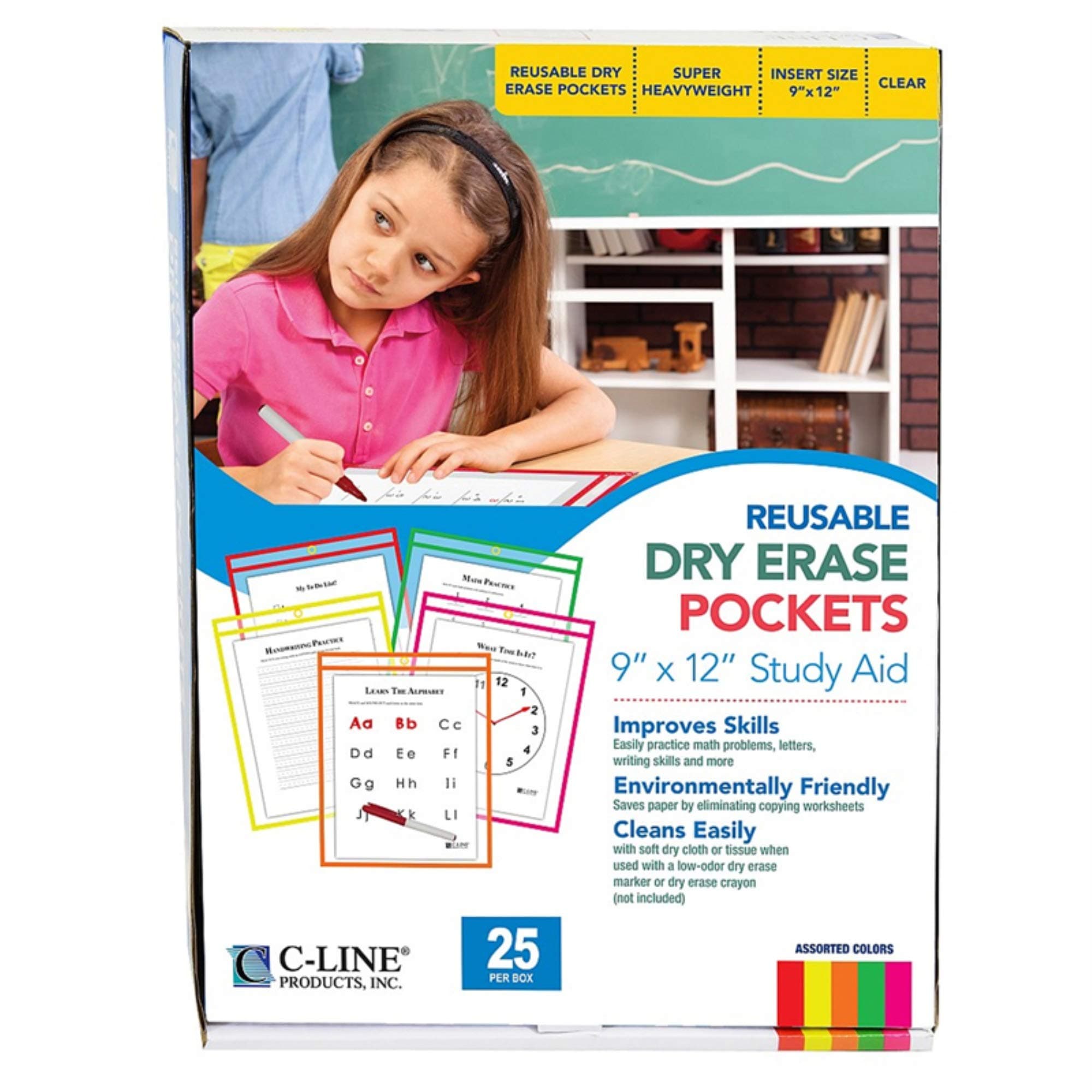 C-Line Reusable Dry Erase Pockets, 9 x 12 Inches, Assorted Neon Colors, 25 Pockets per Pack (40820)