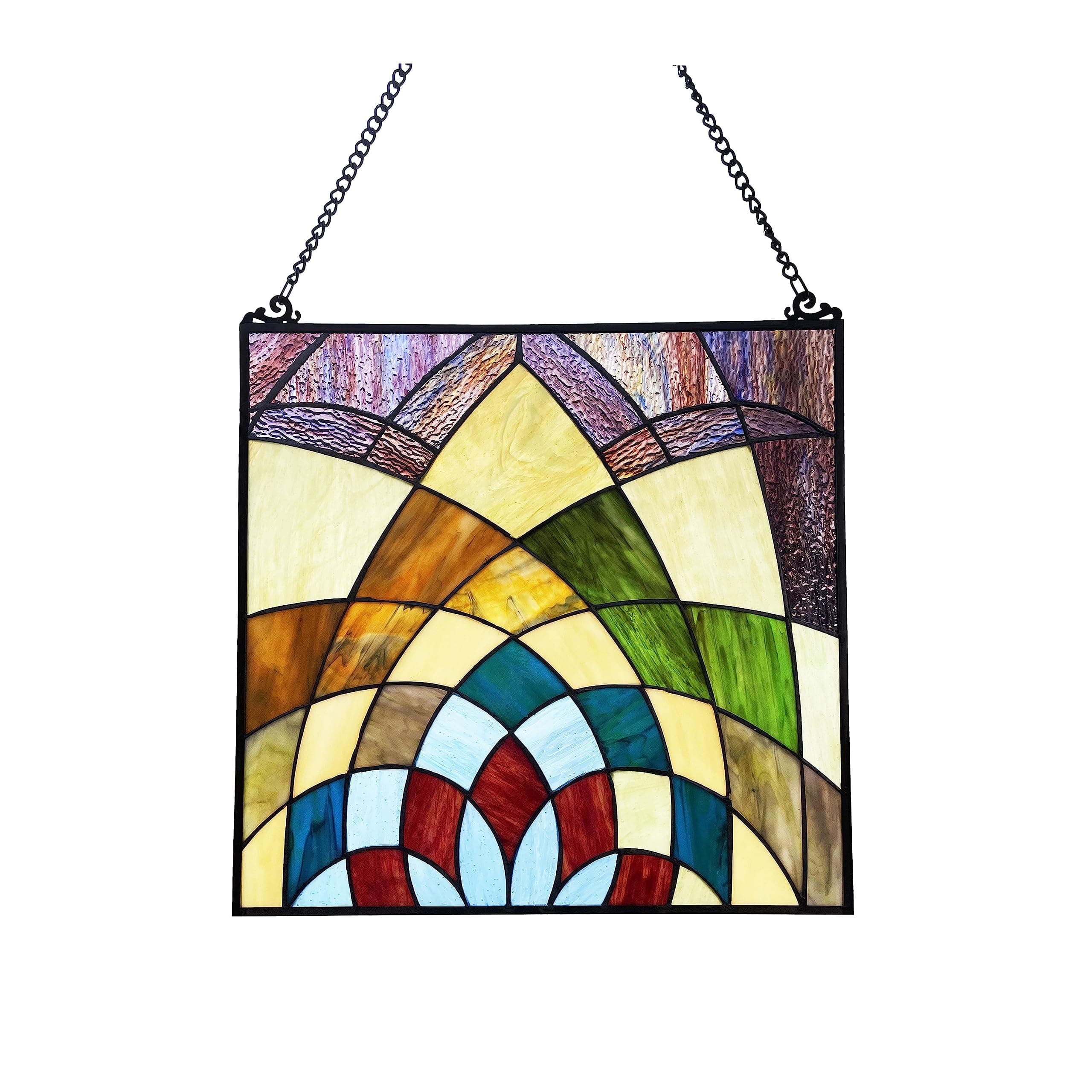 Chloe Lighting Kaleidoscope Geometric-Style Black Finish 16" Tall Stained Glass Window Panel, Multi-Colored