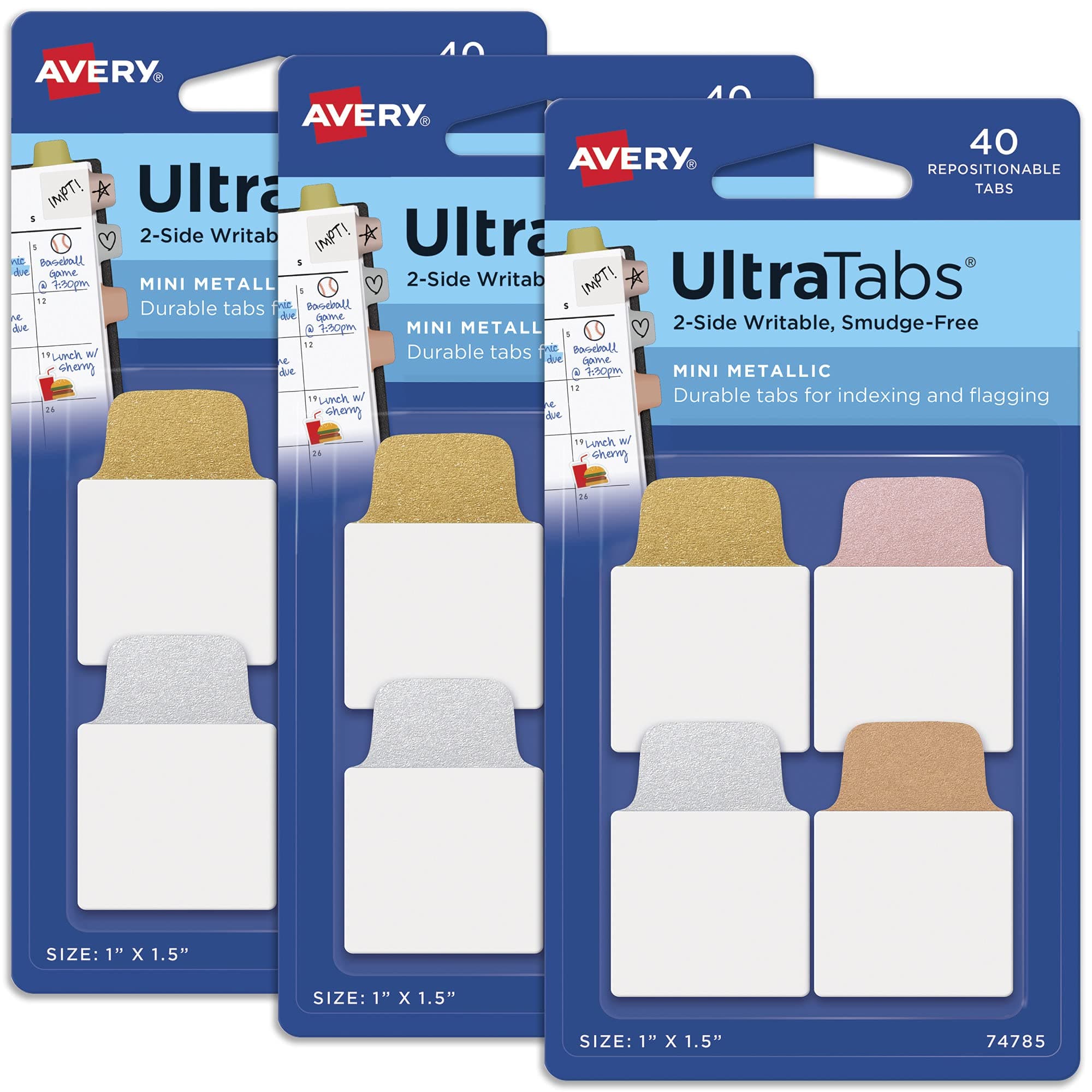 Avery Mini Ultra Tabs, 1" x 1.5", 2-Side Writable, Assorted Metallic Colors, 40 Repositionable Tabs Per Pack, 3 Packs, 120 Tabs Total (74785)