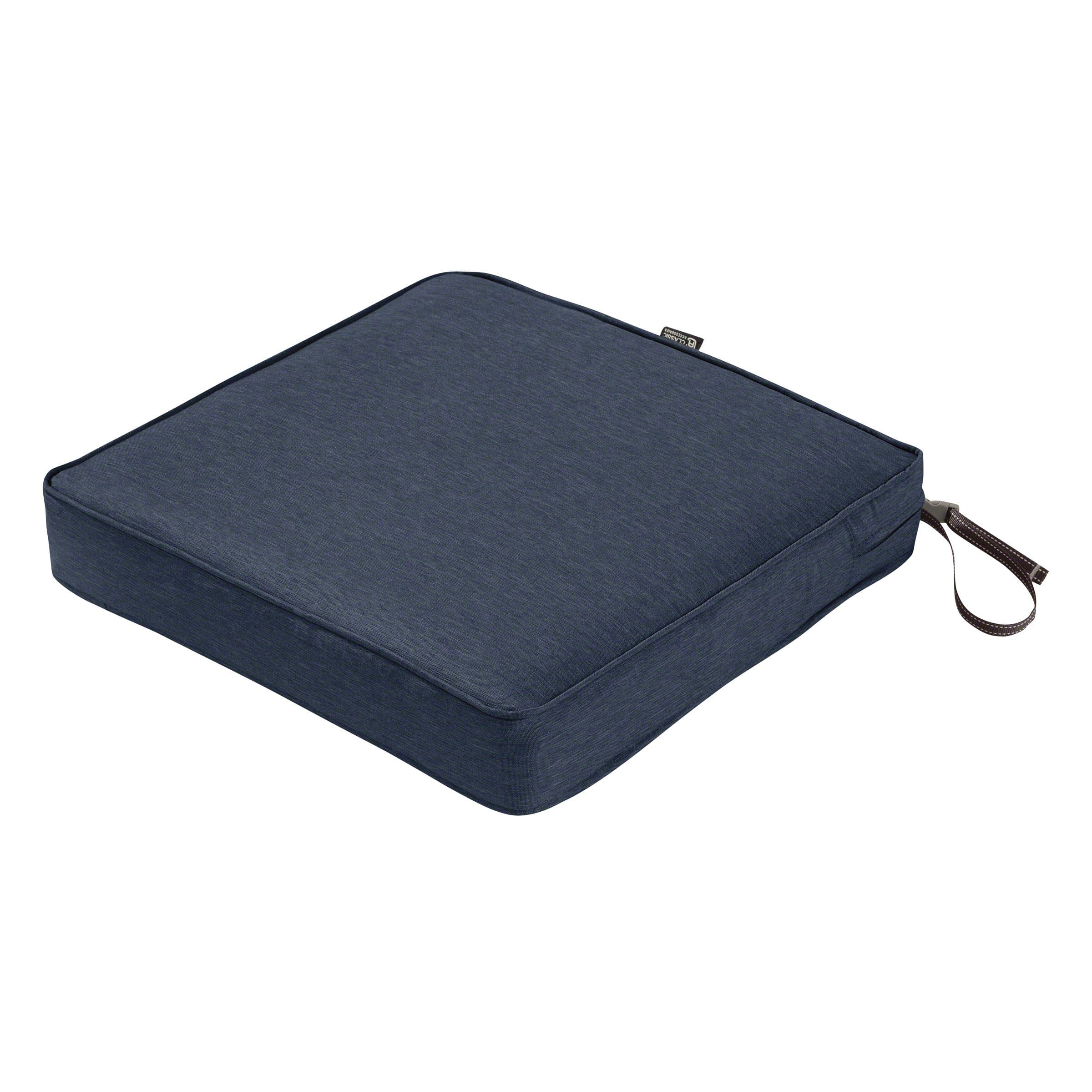 Classic Accessories Montlake Water-Resistant 21 x 21 x 3 Inch Square Outdoor Seat Cushion, Patio Furniture Chair Cushion, Heather Indigo Blue, Outdoor Cushion Cover