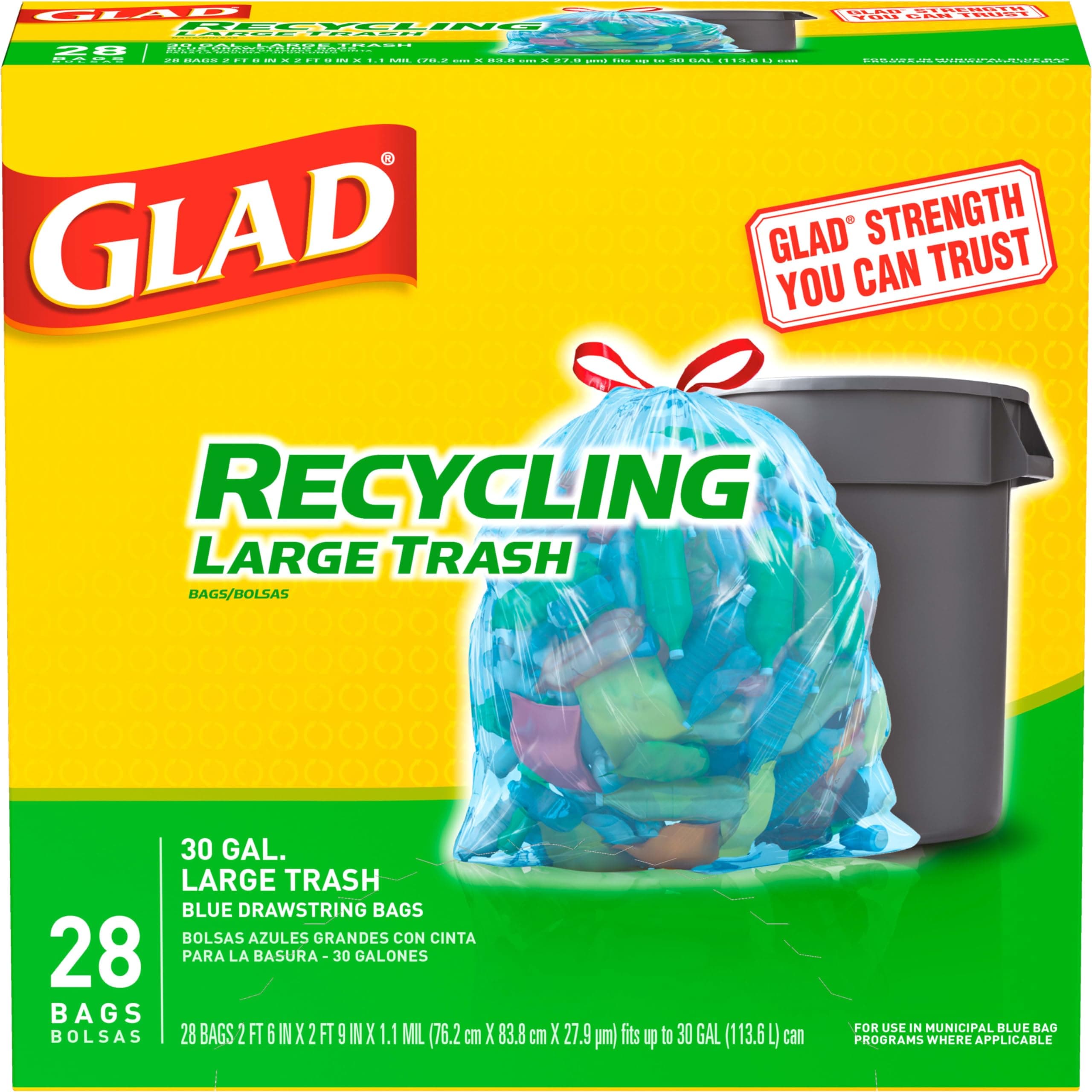 Glad Large Drawstring Recycling Bags - 30 Gallon Blue Trash Bag - 28 Count