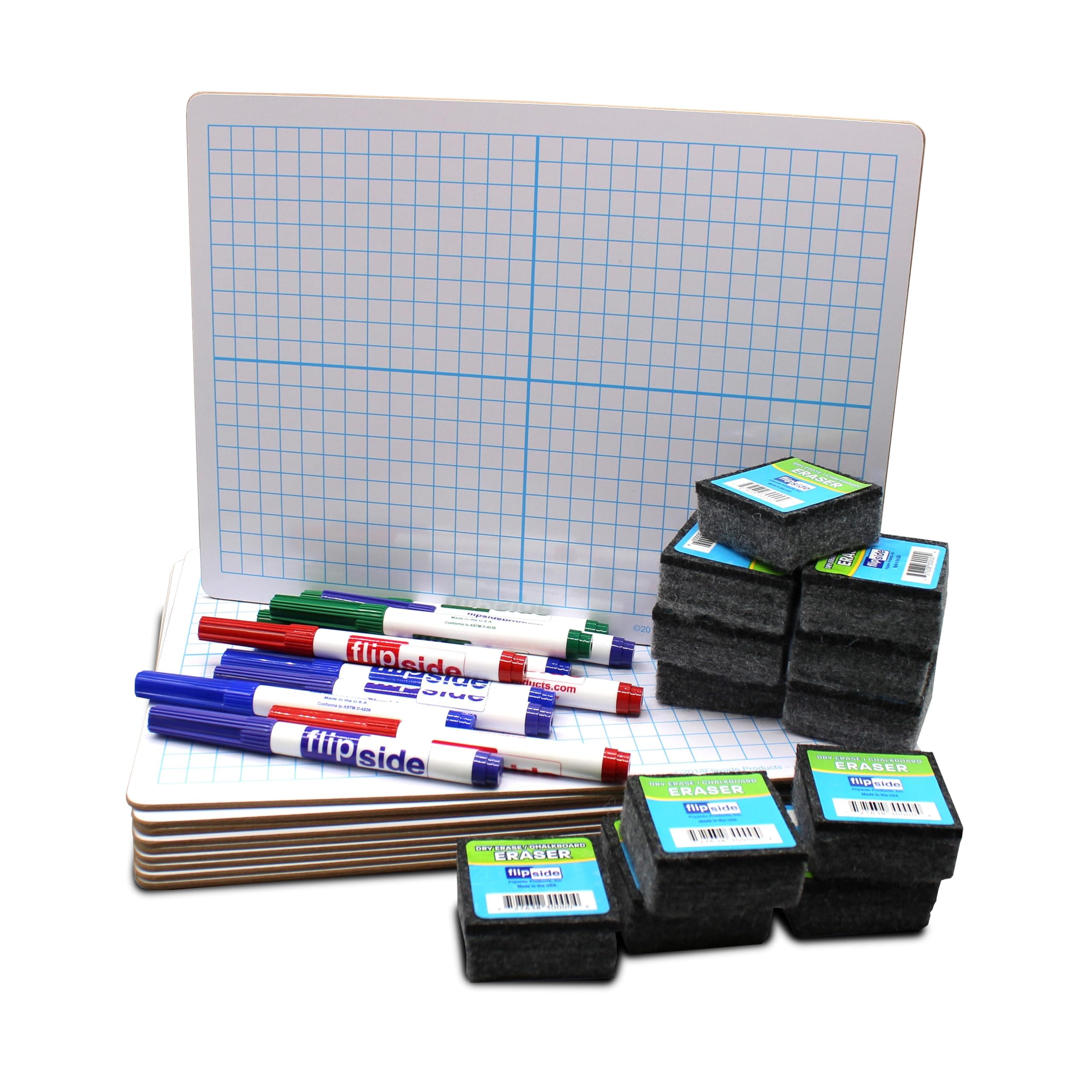 Flipside Products - 9" x 12" Two Sided (XY Axis/Plain White) Dry Erase Board, 12 Pack + Colored Markers + Erasers