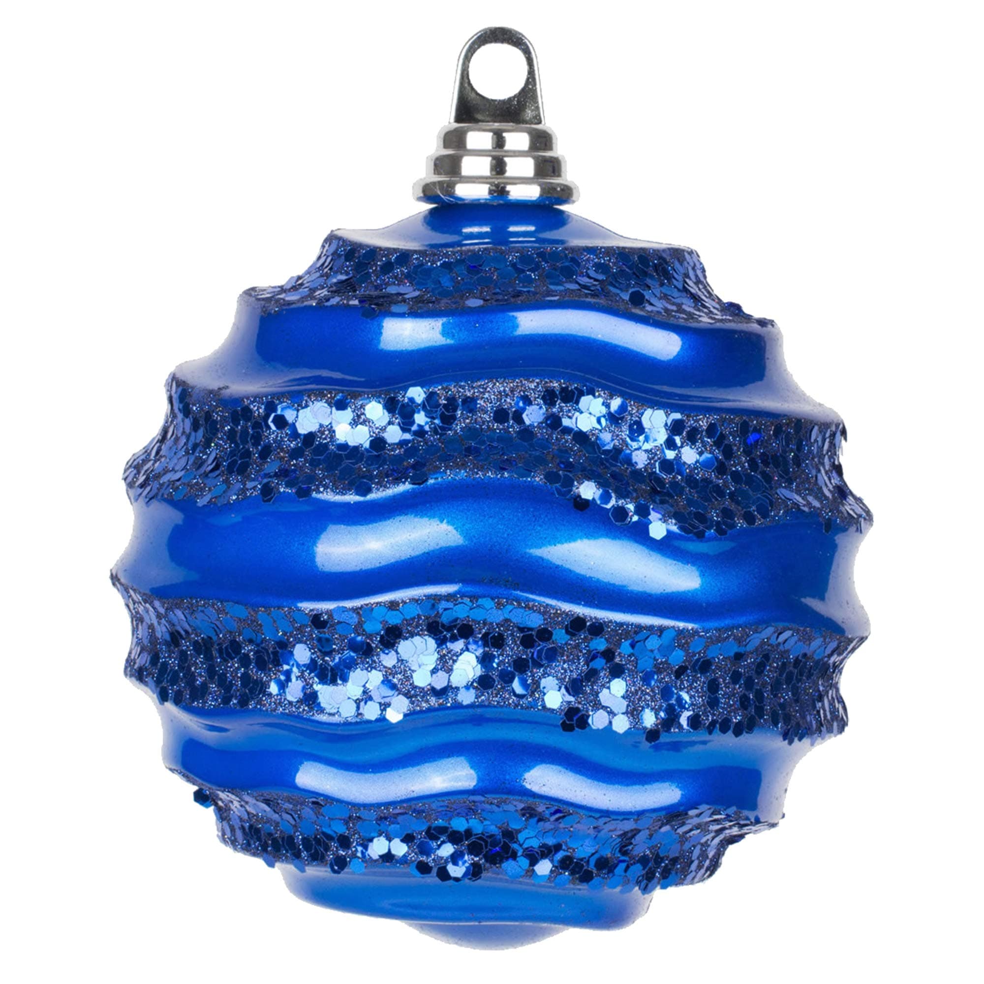 Vickerman 8" Christmas Ornament Wave Ball, Blue Stripe Candy Finish with Glitter Accents, Shatterproof Plastic, Holiday Christmas Tree Decoration