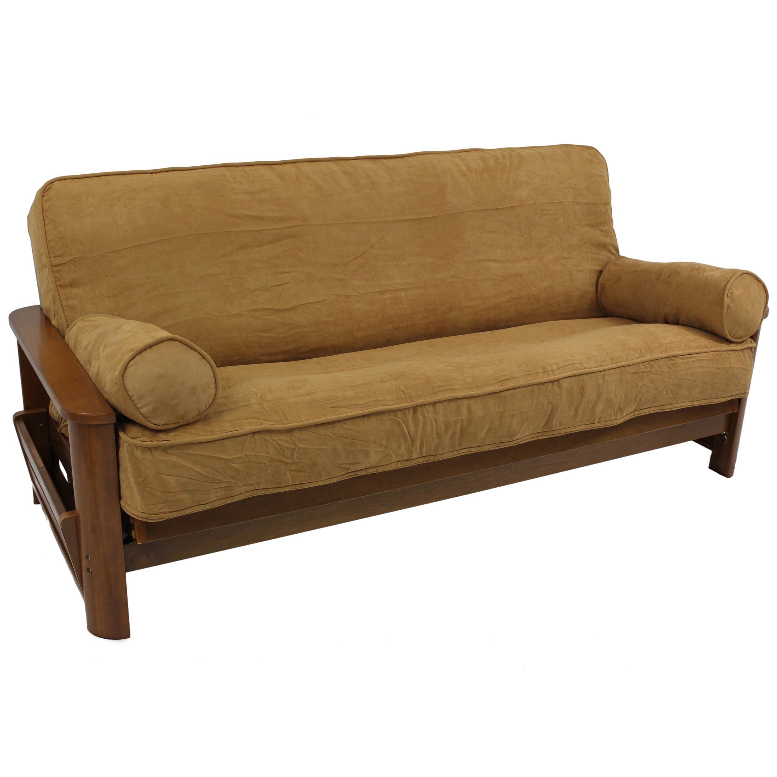 Blazing Needles Solid Microsuede Double Corded 8" to 9" Futon Cover Set with 2 Bolster Pillows (Set of 3), Full, Camel