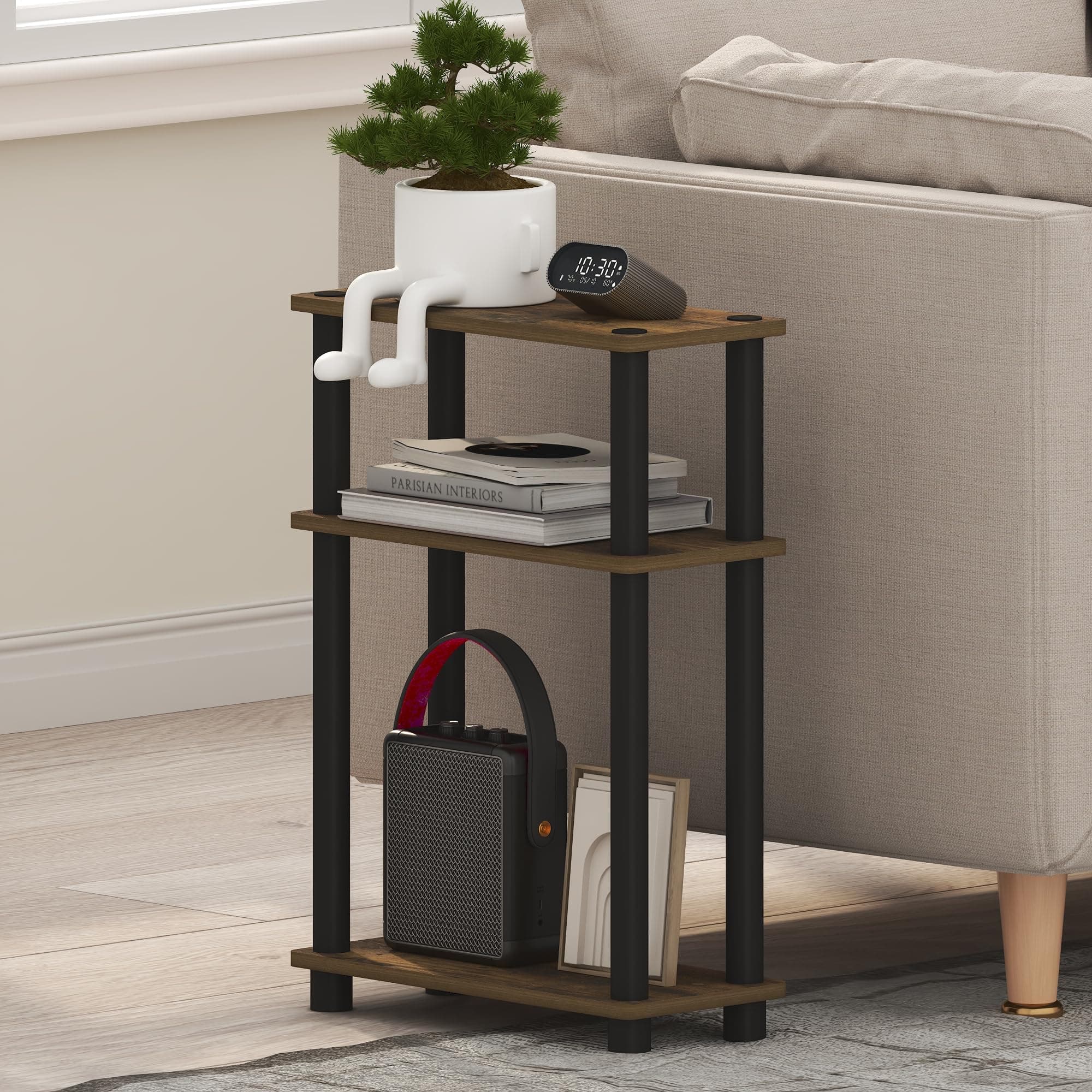 Furinno Turn-N-Tube Narrow Side Table, 3-Tier Rectangular Modern End Table with Storage Shelf, Slim Toolless Assembly Nightstand, Night Stand, Bedside Table, for Living Room, Bedroom, Amber Pine